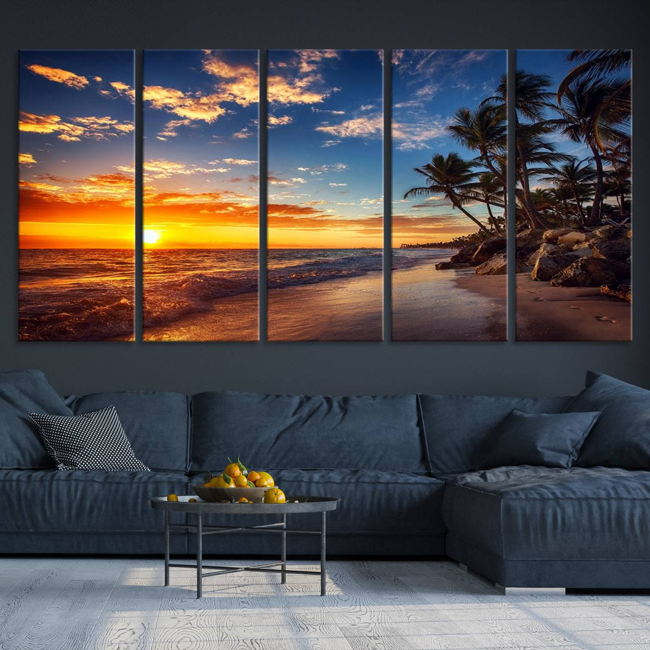 -Tropical Beach Sunset Canvas Art, Palm Trees and Ocean Waves Canvas Wall Art, Giclee Print