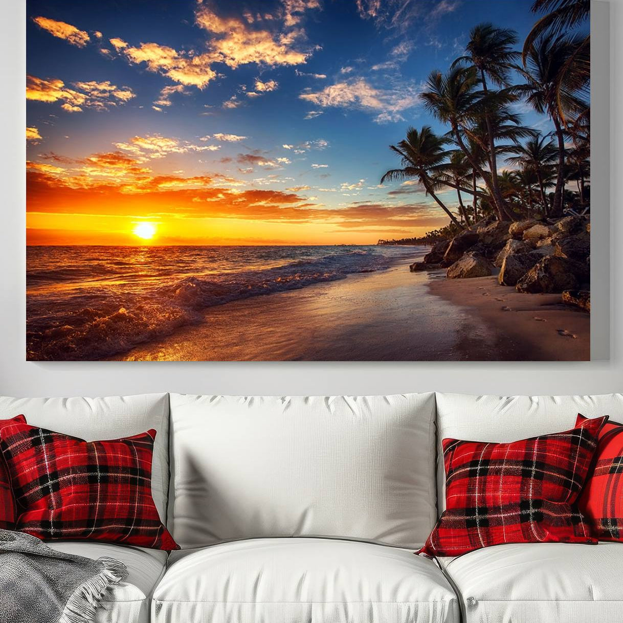 83855-MGV-CV-36X24-Tropical Beach Sunset Canvas Art, Palm Trees and Ocean Waves Canvas Wall Art, Giclee Print