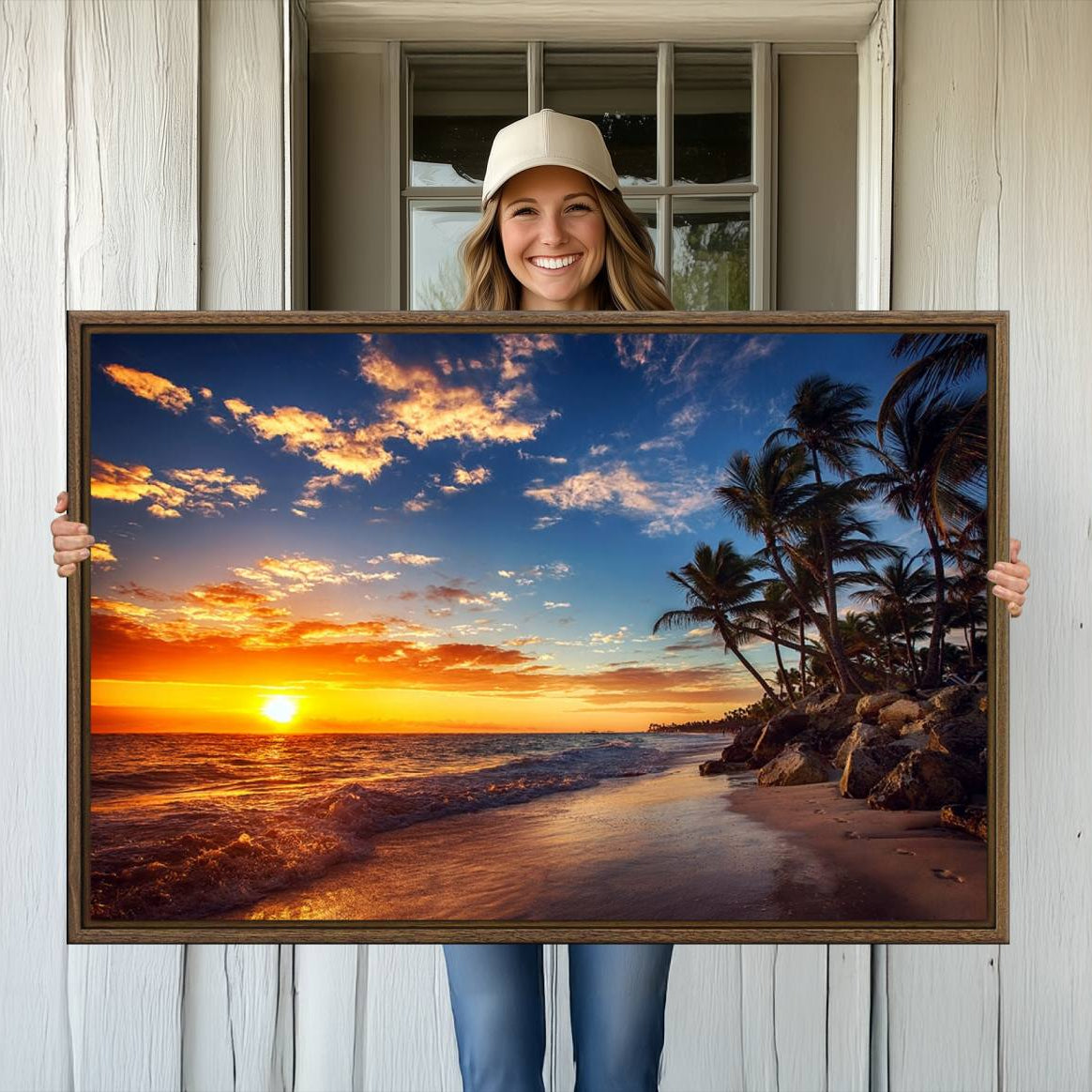 -Tropical Beach Sunset Canvas Art, Palm Trees and Ocean Waves Canvas Wall Art, Giclee Print