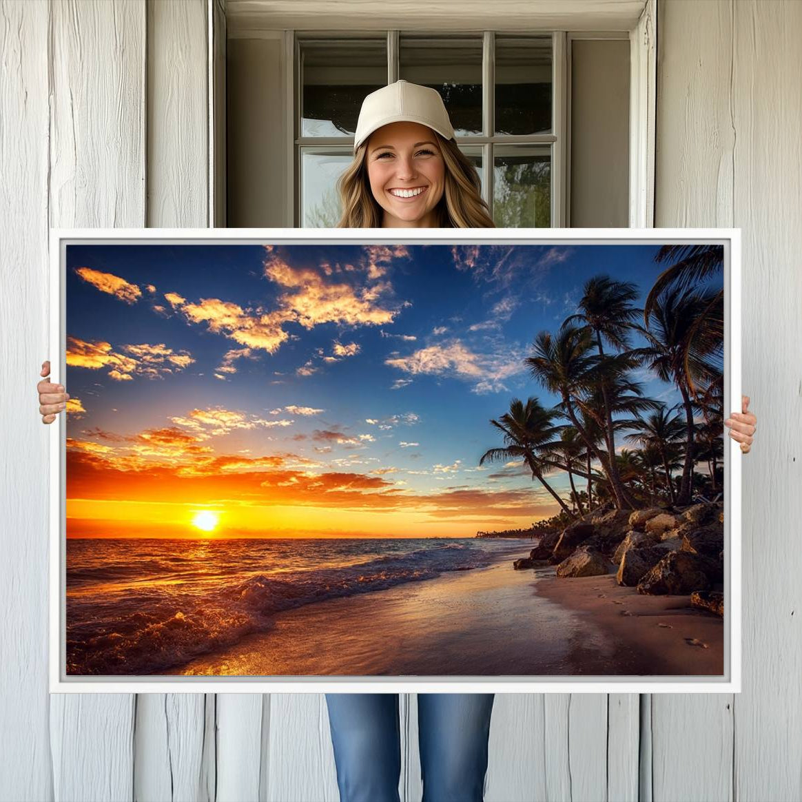 -Tropical Beach Sunset Canvas Art, Palm Trees and Ocean Waves Canvas Wall Art, Giclee Print