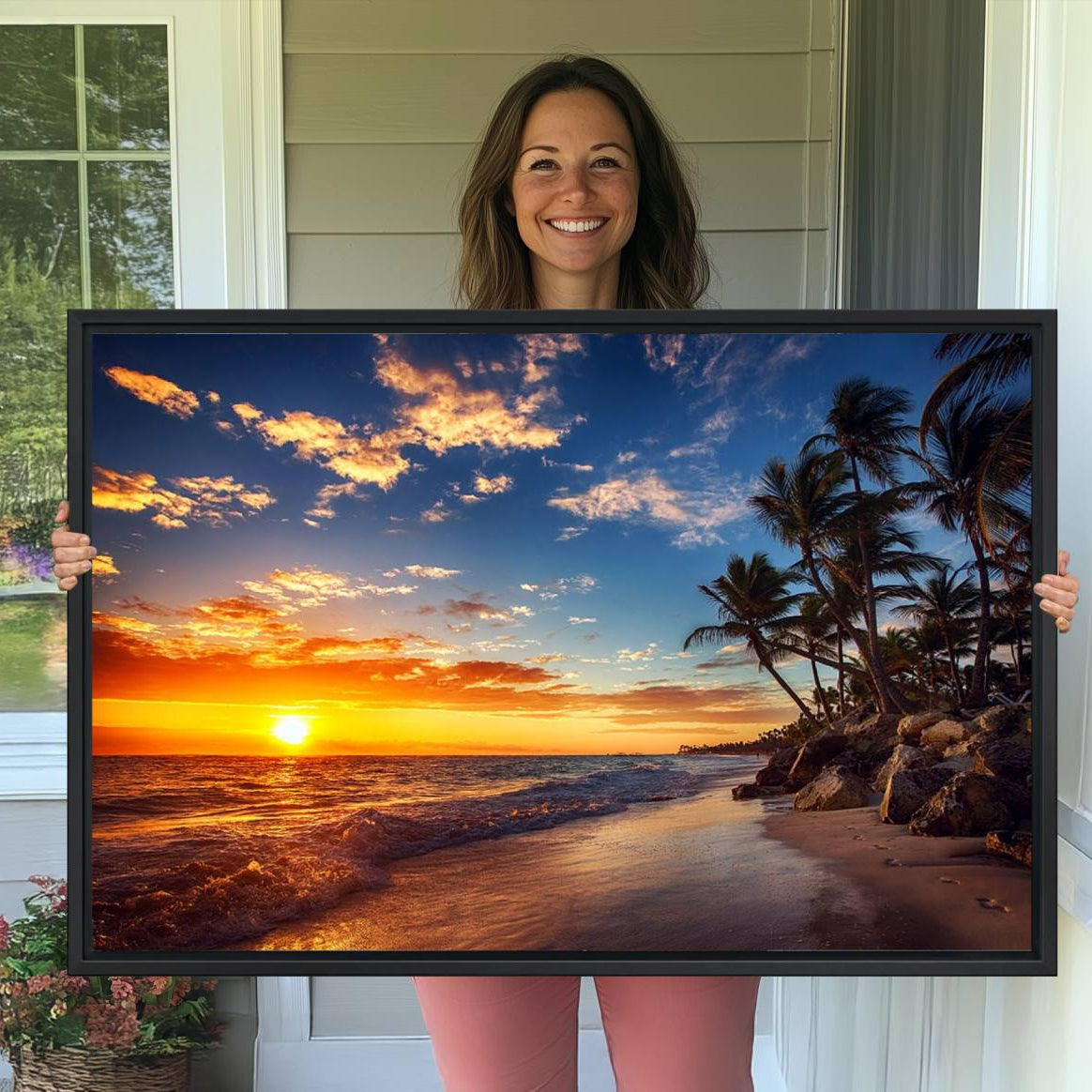 -Tropical Beach Sunset Canvas Art, Palm Trees and Ocean Waves Canvas Wall Art, Giclee Print