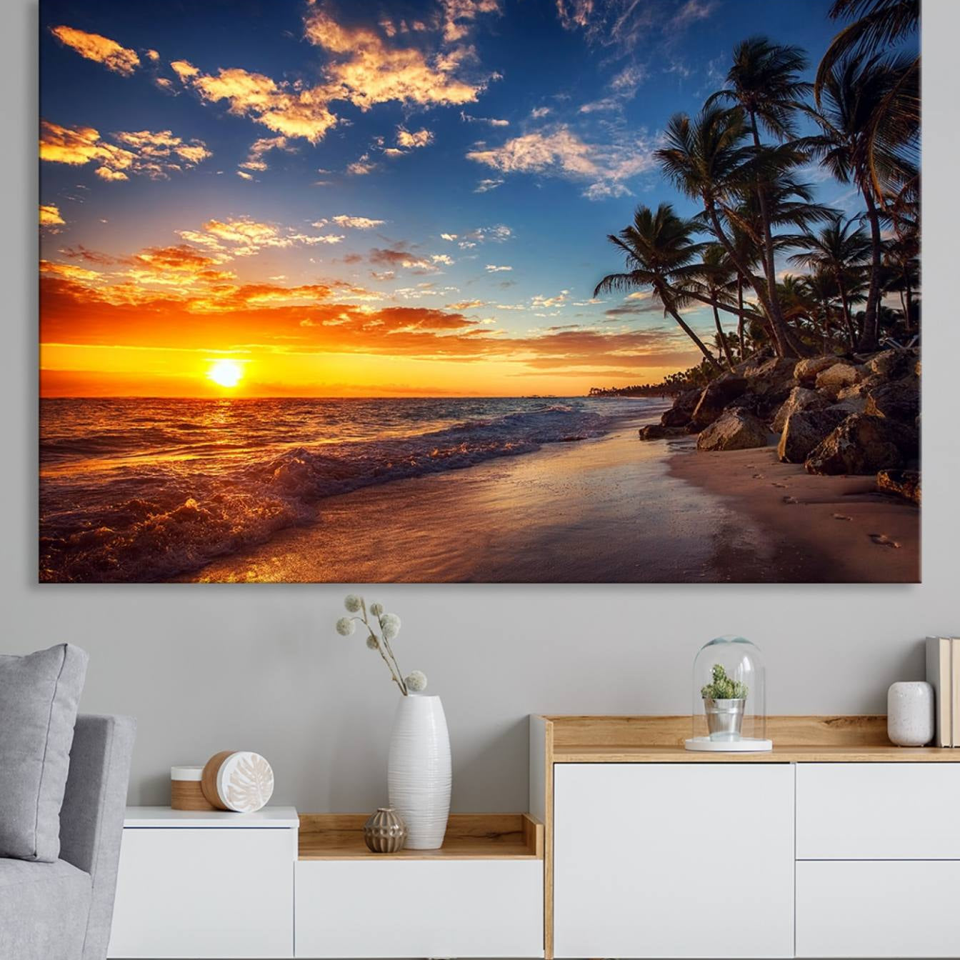 83855-MGV-CV-36X24-Tropical Beach Sunset Canvas Art, Palm Trees and Ocean Waves Canvas Wall Art, Giclee Print