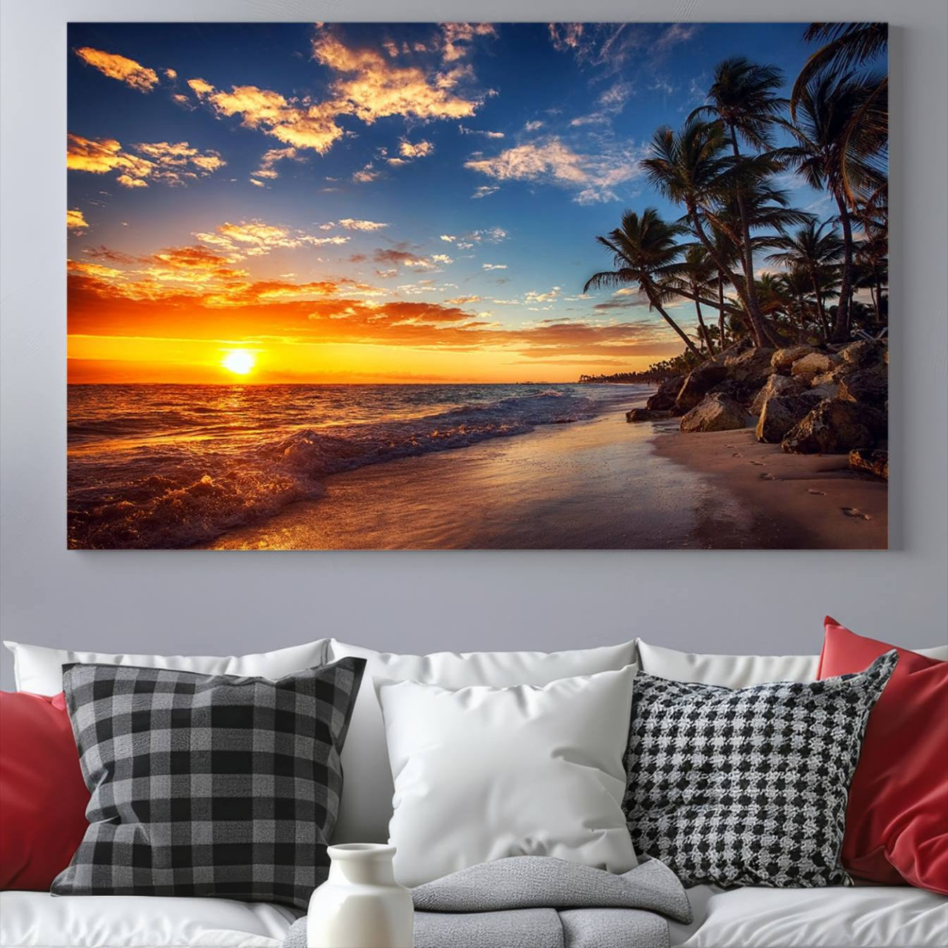 -Tropical Beach Sunset Canvas Art, Palm Trees and Ocean Waves Canvas Wall Art, Giclee Print