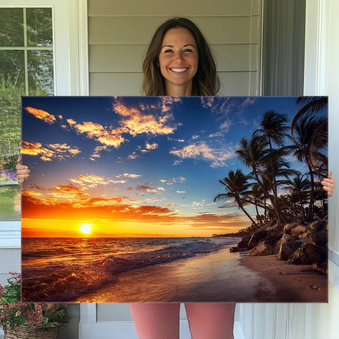 -Tropical Beach Sunset Canvas Art, Palm Trees and Ocean Waves Canvas Wall Art, Giclee Print