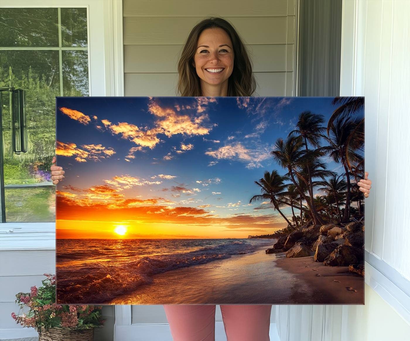 -Tropical Beach Sunset Canvas Art, Palm Trees and Ocean Waves Canvas Wall Art, Giclee Print