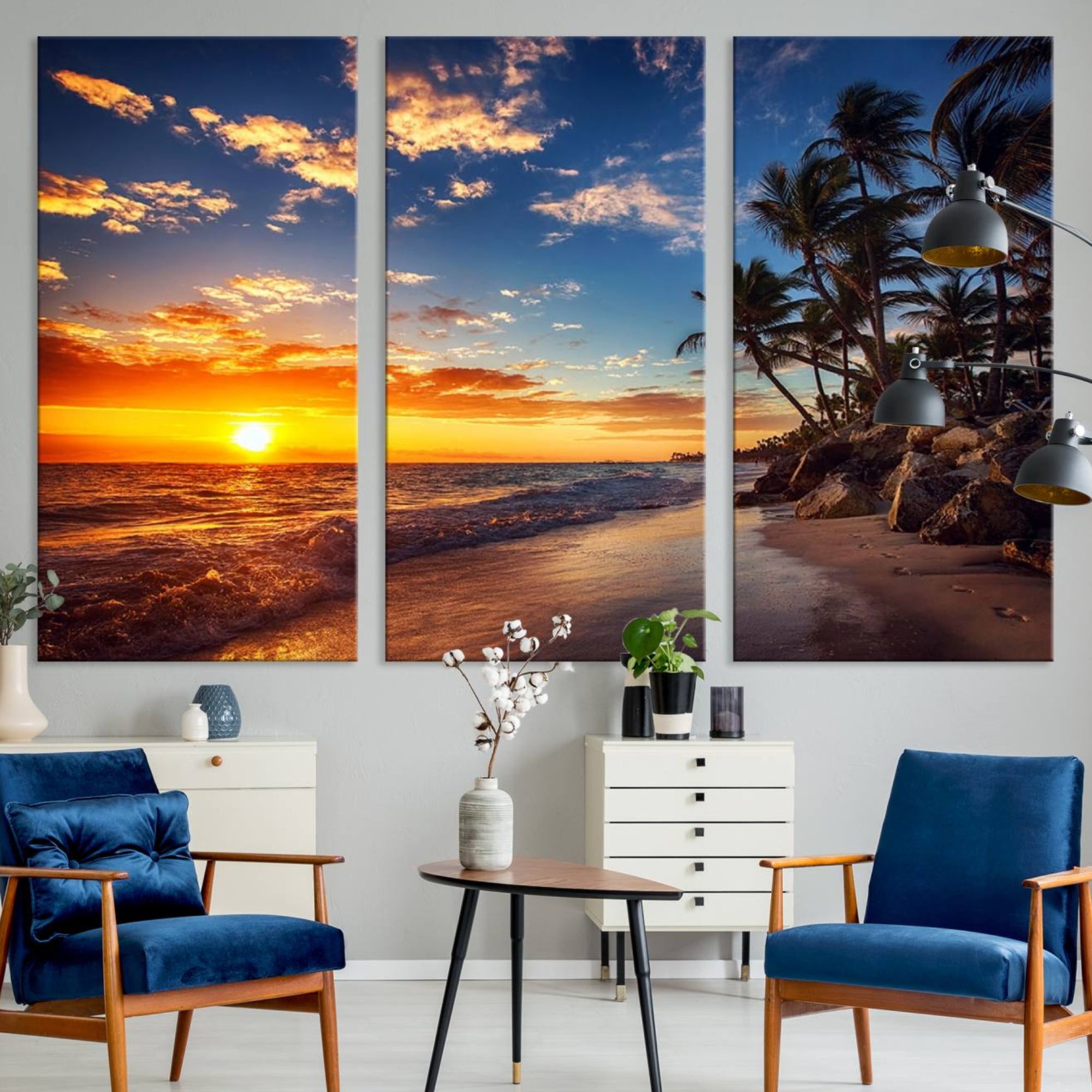 83855-MGV-CV-48X32-3P-Tropical Beach Sunset Canvas Art, Palm Trees and Ocean Waves Canvas Wall Art, Giclee Print