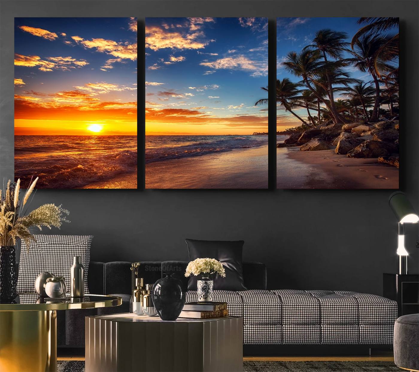 83855-MGV-CV-60X30-3P-Tropical Beach Sunset Canvas Art, Palm Trees and Ocean Waves Canvas Wall Art, Giclee Print