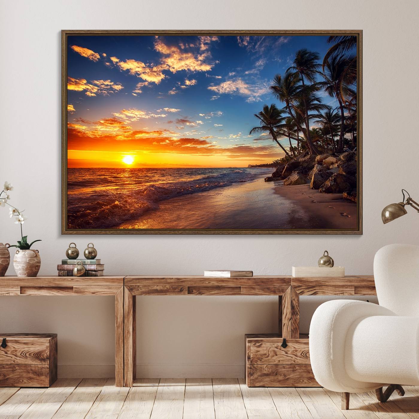 83855-MGV-FC-36X24_Walnut-Tropical Beach Sunset Canvas Art, Palm Trees and Ocean Waves Canvas Wall Art, Giclee Print