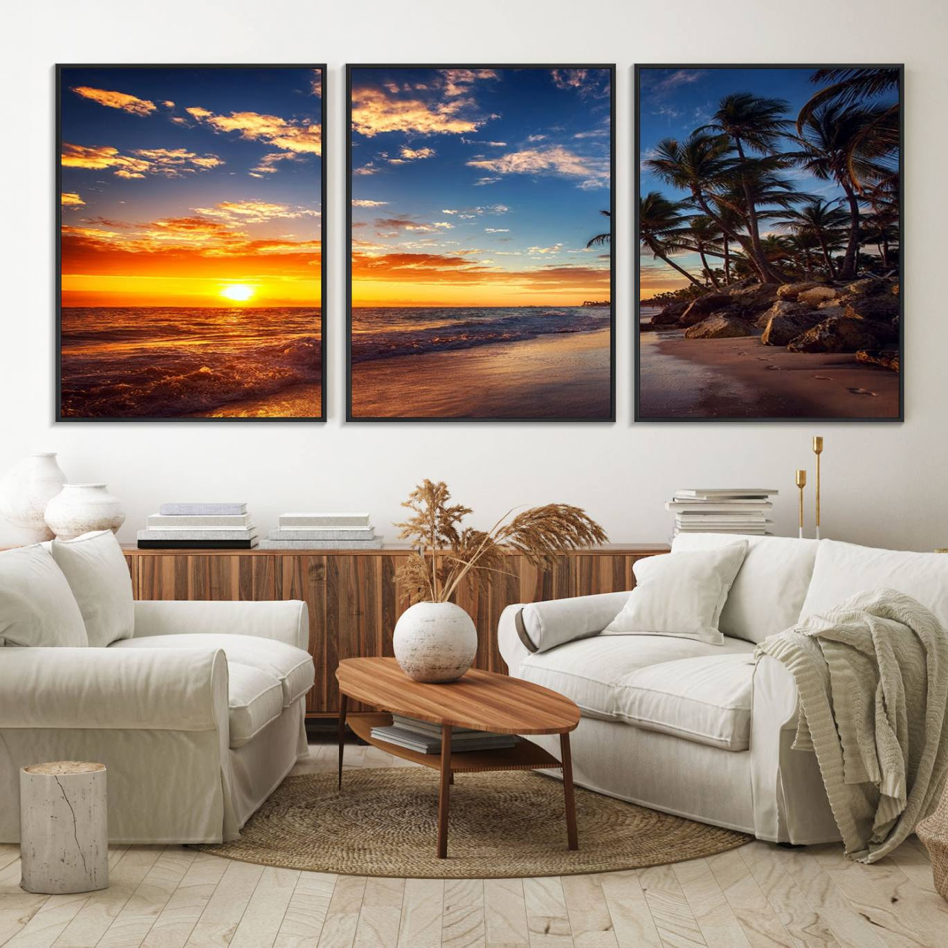 83855-MGV-FC-60X30-3P_Black-Tropical Beach Sunset Canvas Art, Palm Trees and Ocean Waves Canvas Wall Art, Giclee Print