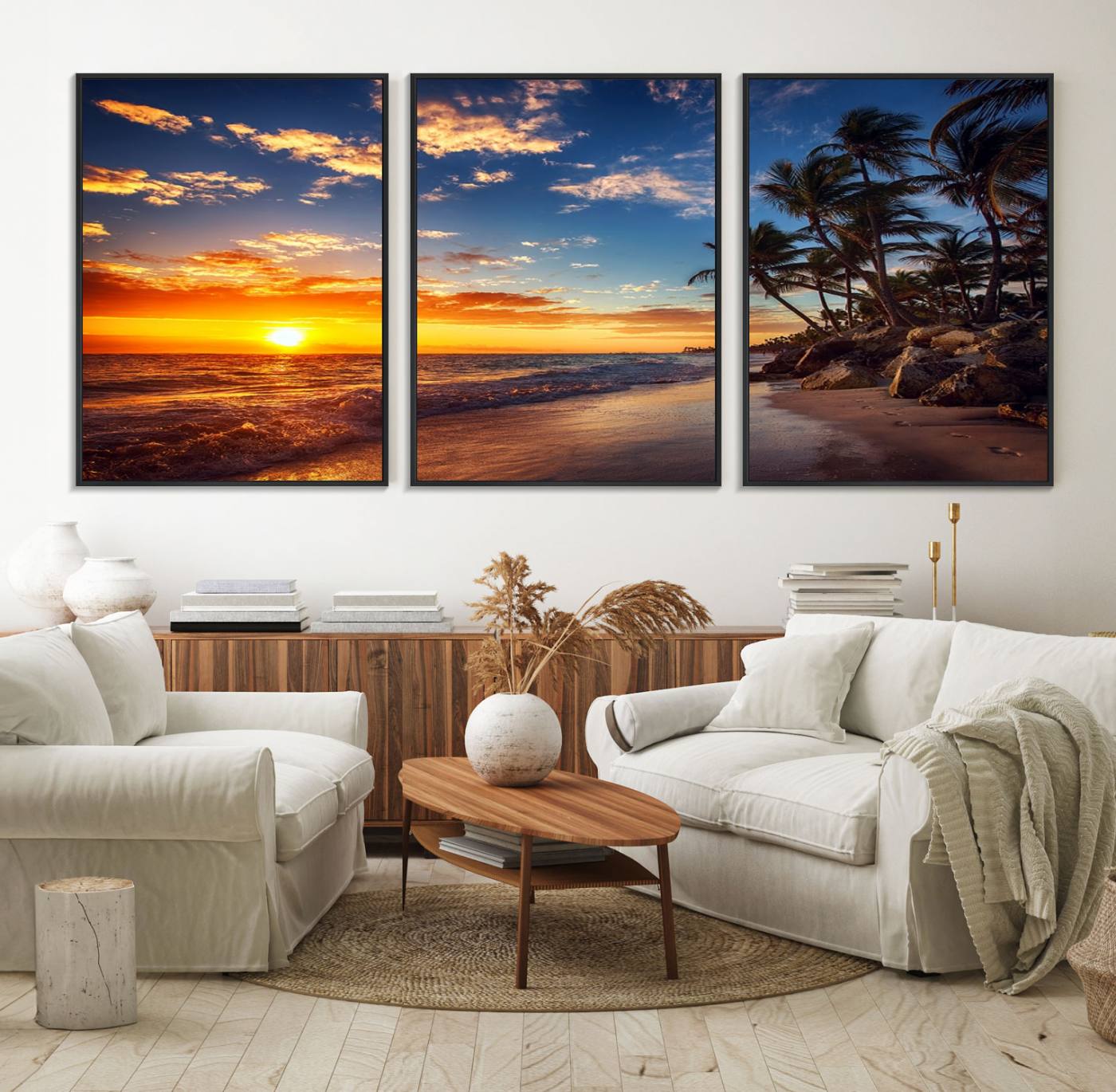 83855-MGV-FC-60X30-3P_Black-Tropical Beach Sunset Canvas Art, Palm Trees and Ocean Waves Canvas Wall Art, Giclee Print