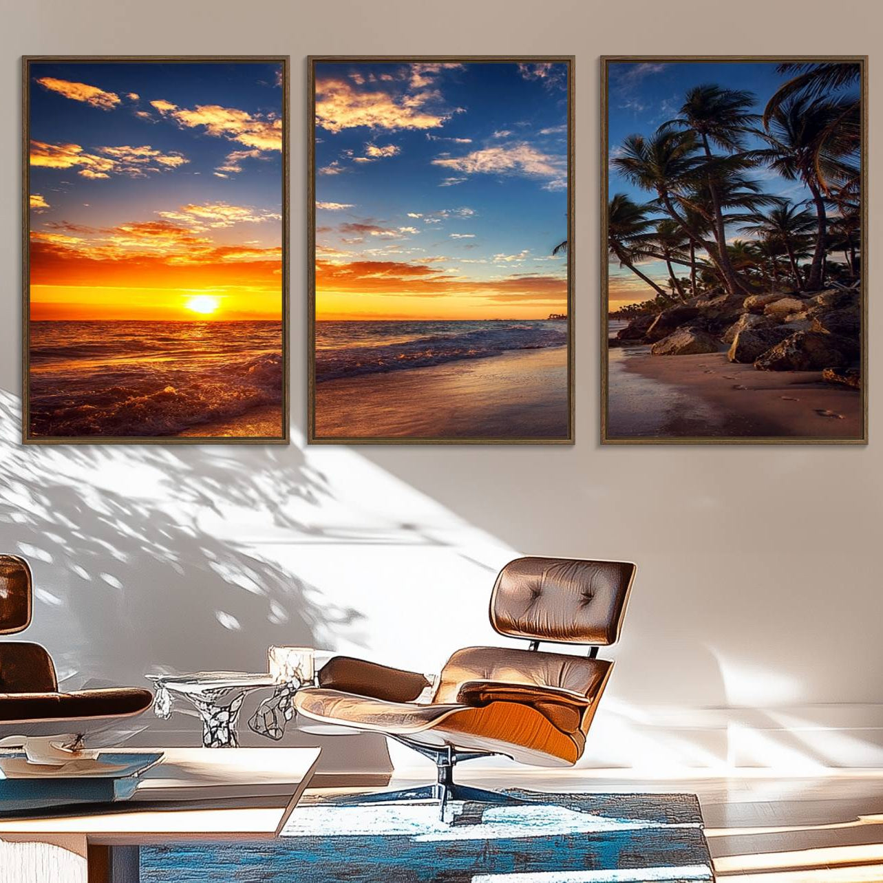 83855-MGV-FC-60X30-3P_Walnut-Tropical Beach Sunset Canvas Art, Palm Trees and Ocean Waves Canvas Wall Art, Giclee Print