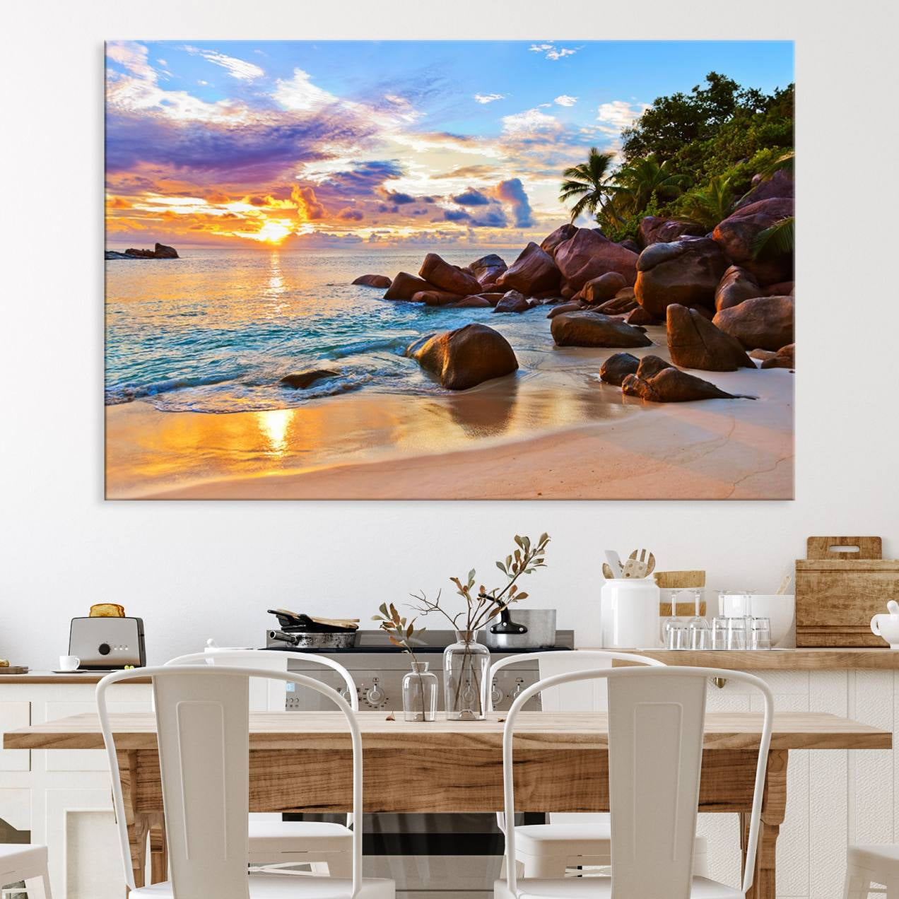 -Tropical Beach Sunset Canvas Print, Ocean Waves and Rocky Shoreline Wall Art, Coastal Decor for