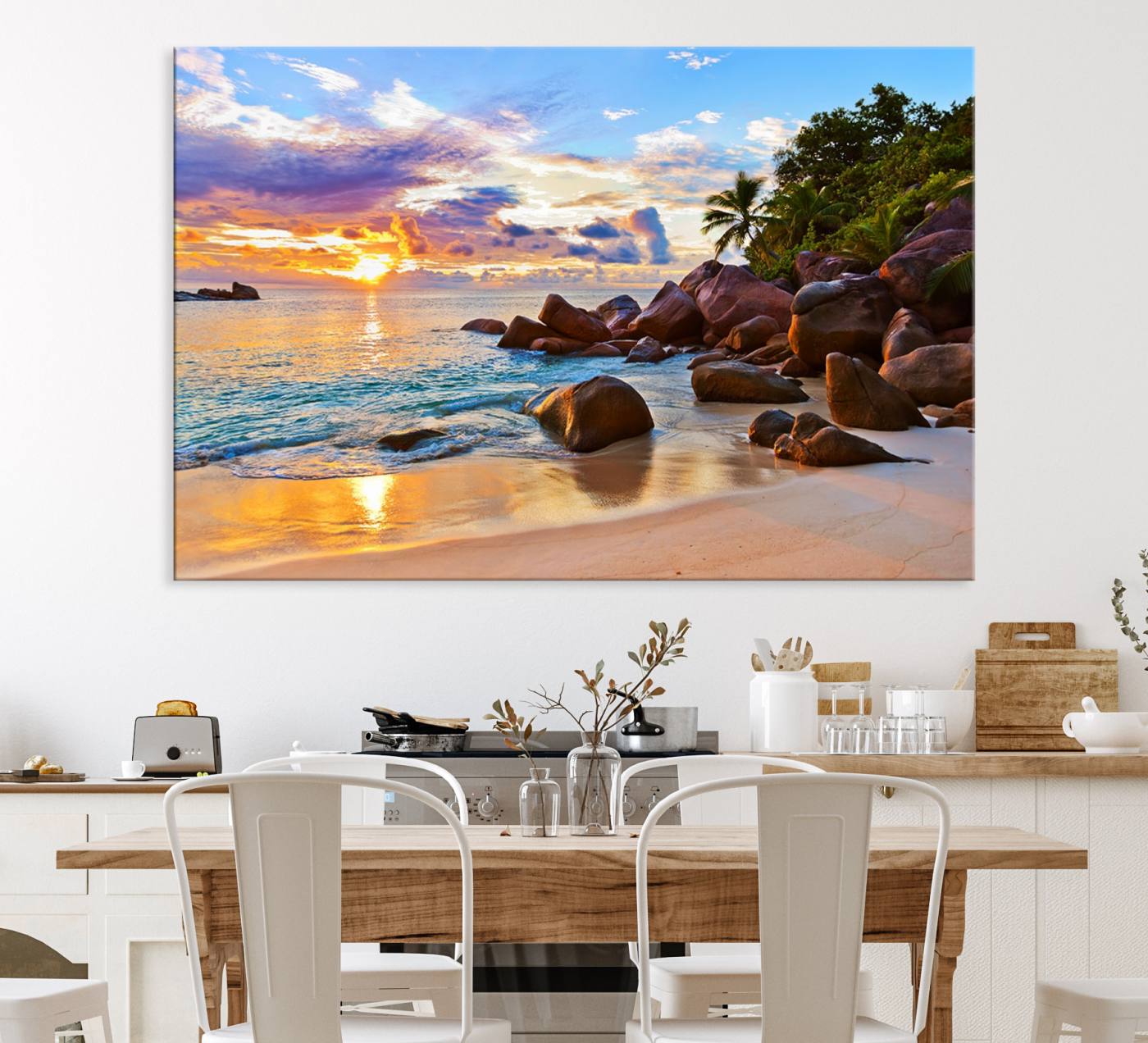 43209-MGV-CV-36X24-Tropical Beach Sunset Canvas Print, Ocean Waves and Rocky Shoreline Wall Art, Coastal Decor for