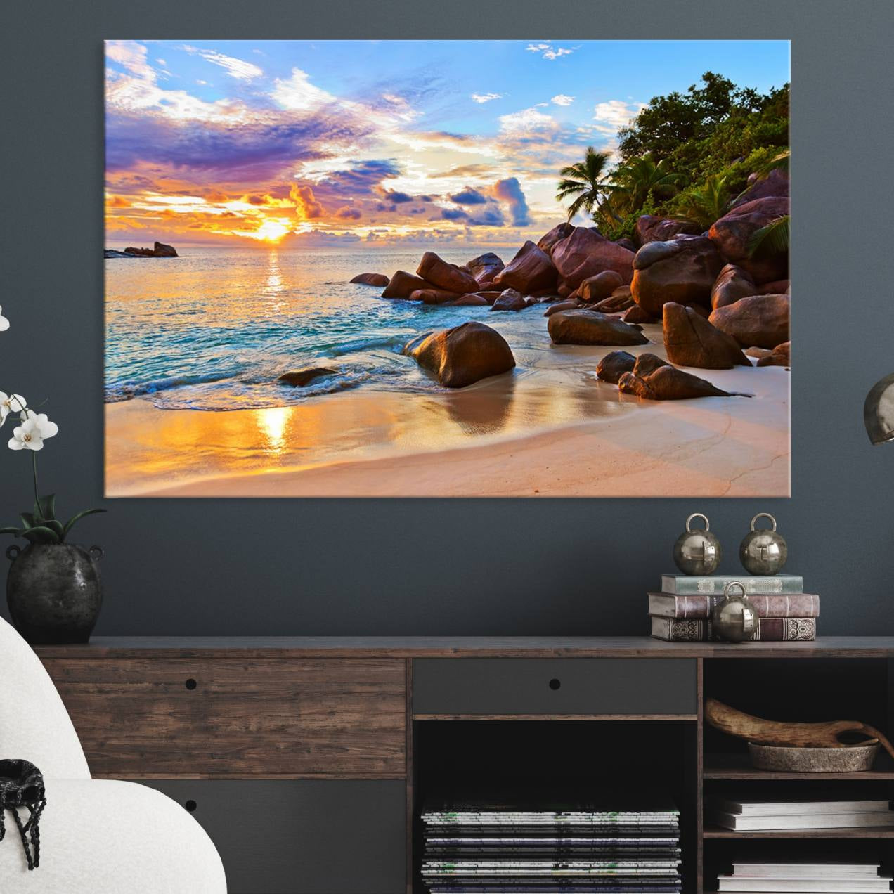 -Tropical Beach Sunset Canvas Print, Ocean Waves and Rocky Shoreline Wall Art, Coastal Decor for