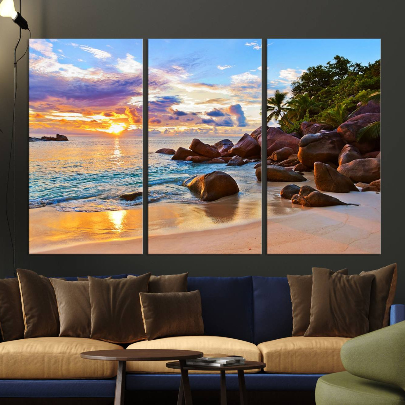 -Tropical Beach Sunset Canvas Print, Ocean Waves and Rocky Shoreline Wall Art, Coastal Decor for