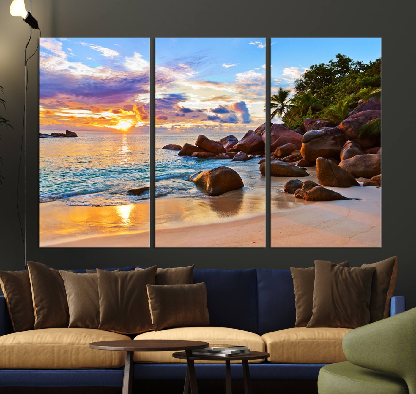 43209-MGV-CV-36X24-Tropical Beach Sunset Canvas Print, Ocean Waves and Rocky Shoreline Wall Art, Coastal Decor for
