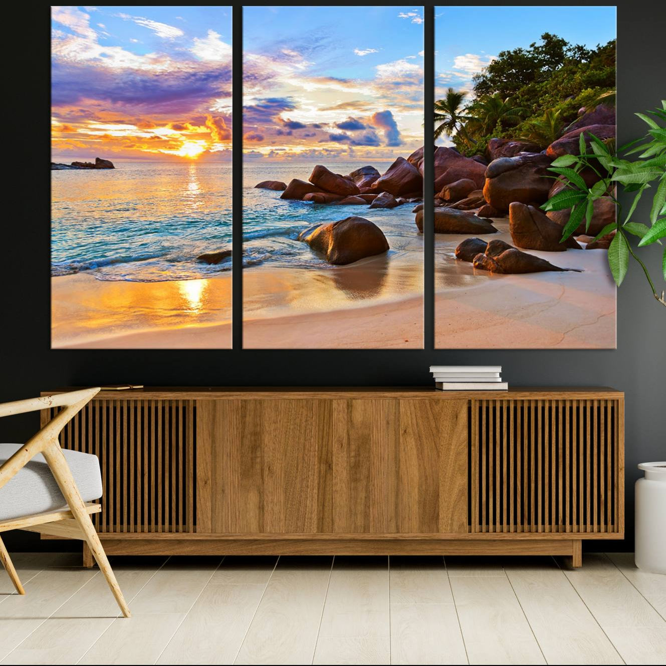 -Tropical Beach Sunset Canvas Print, Ocean Waves and Rocky Shoreline Wall Art, Coastal Decor for