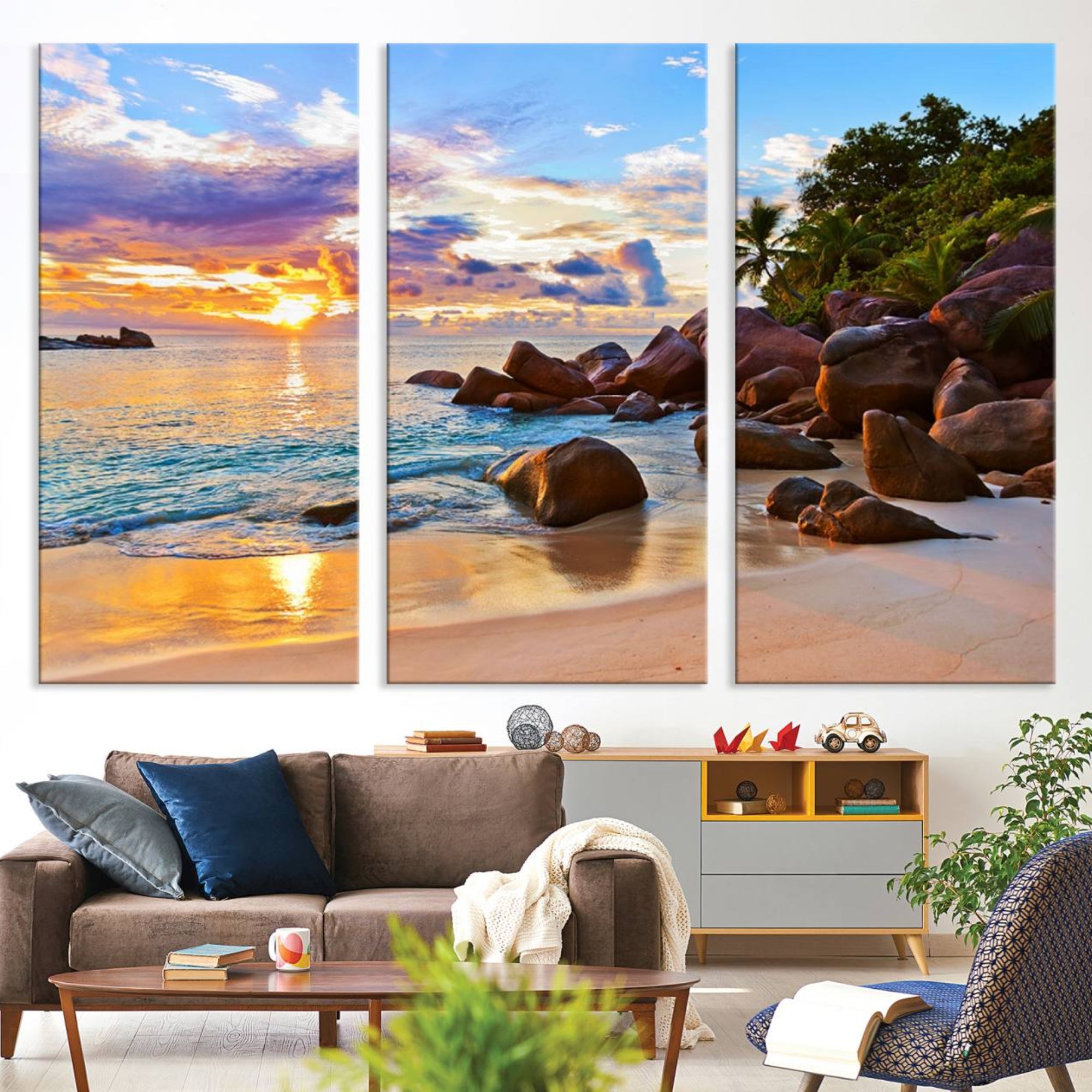 43209-MGV-CV-36X24-Tropical Beach Sunset Canvas Print, Ocean Waves and Rocky Shoreline Wall Art, Coastal Decor for