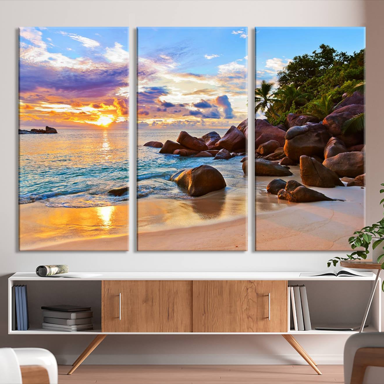 -Tropical Beach Sunset Canvas Print, Ocean Waves and Rocky Shoreline Wall Art, Coastal Decor for
