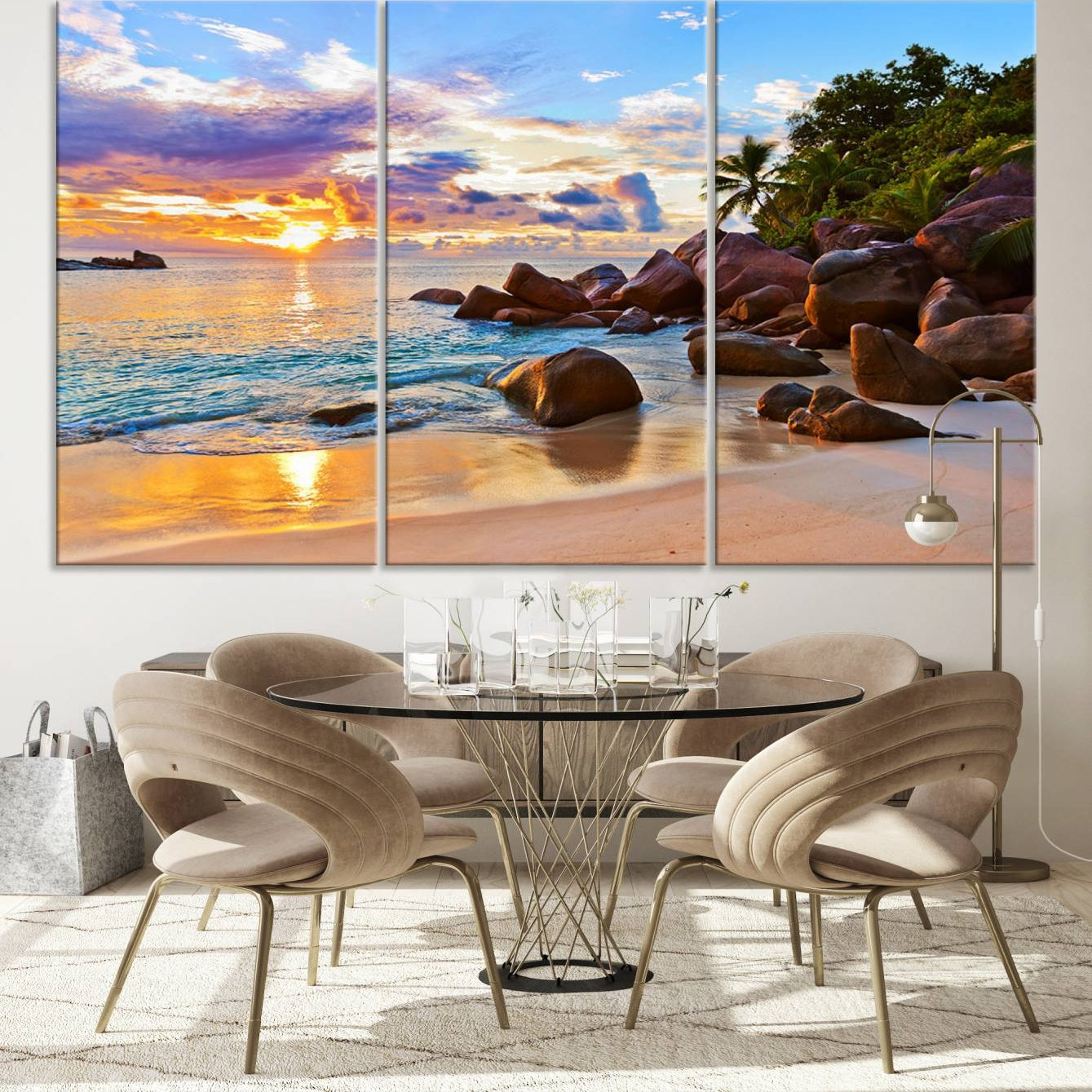 -Tropical Beach Sunset Canvas Print, Ocean Waves and Rocky Shoreline Wall Art, Coastal Decor for