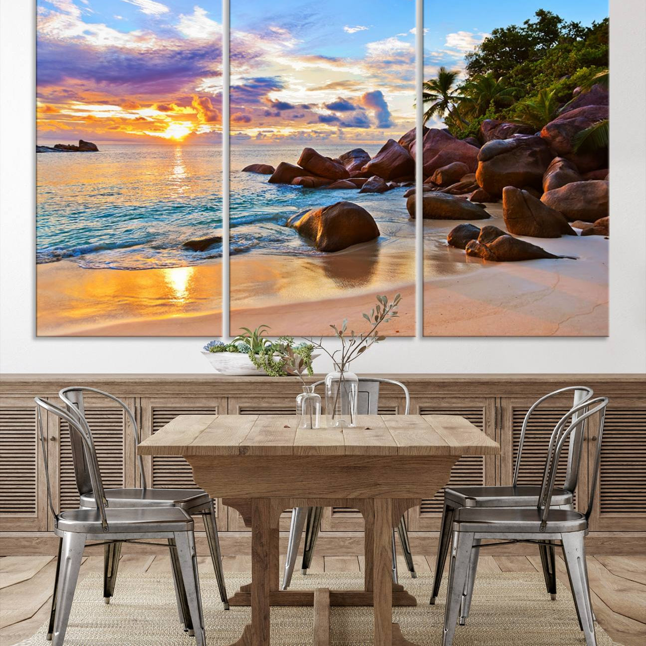 -Tropical Beach Sunset Canvas Print, Ocean Waves and Rocky Shoreline Wall Art, Coastal Decor for