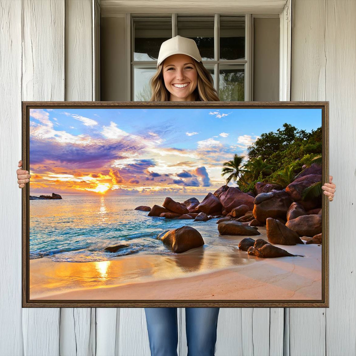 -Tropical Beach Sunset Canvas Print, Ocean Waves and Rocky Shoreline Wall Art, Coastal Decor for