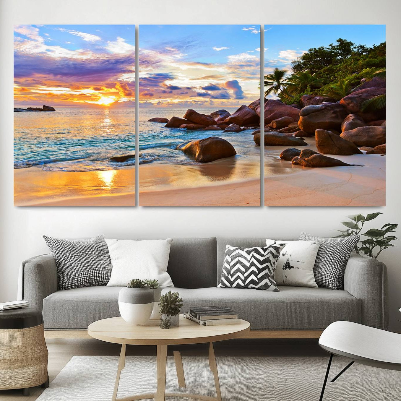 -Tropical Beach Sunset Canvas Print, Ocean Waves and Rocky Shoreline Wall Art, Coastal Decor for