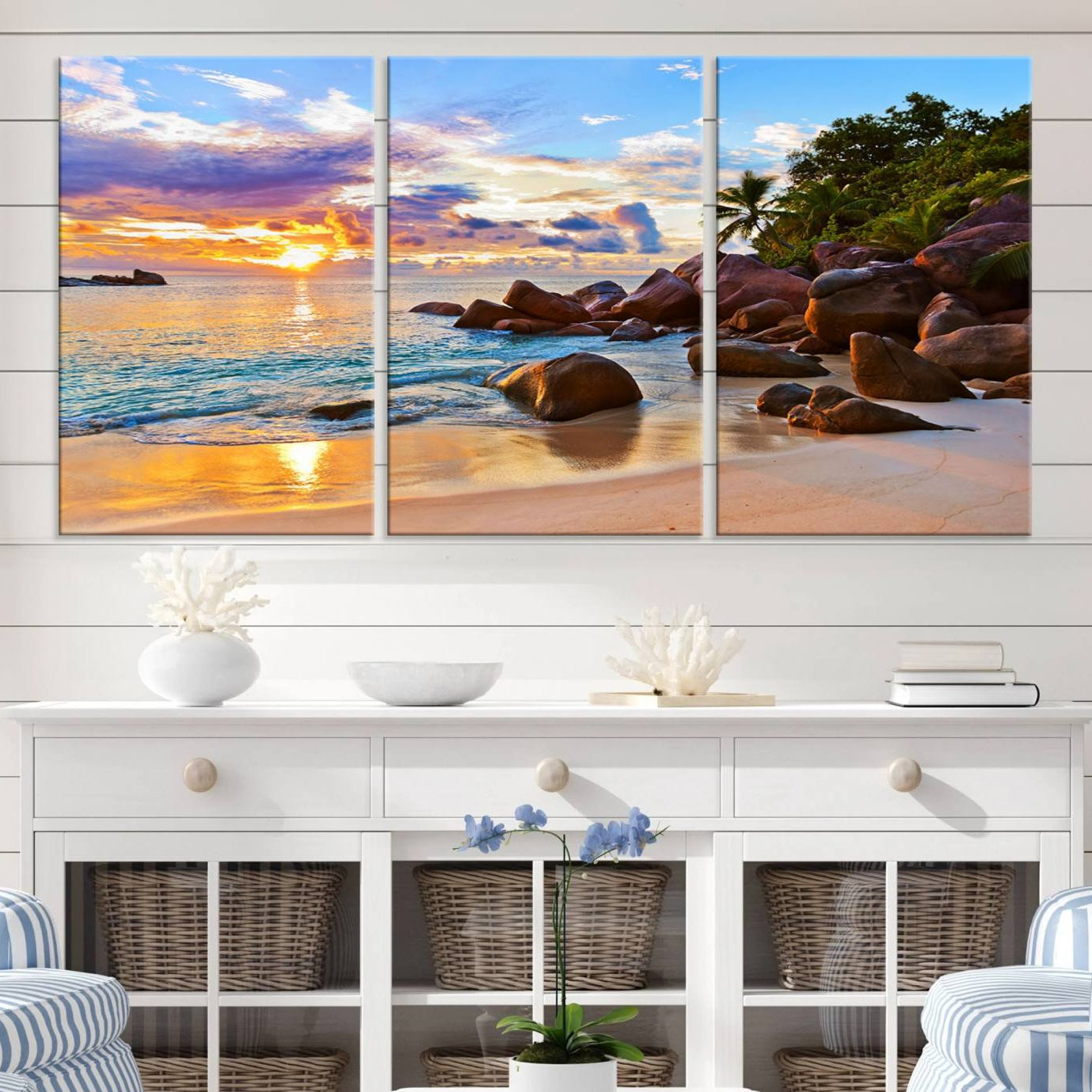 -Tropical Beach Sunset Canvas Print, Ocean Waves and Rocky Shoreline Wall Art, Coastal Decor for