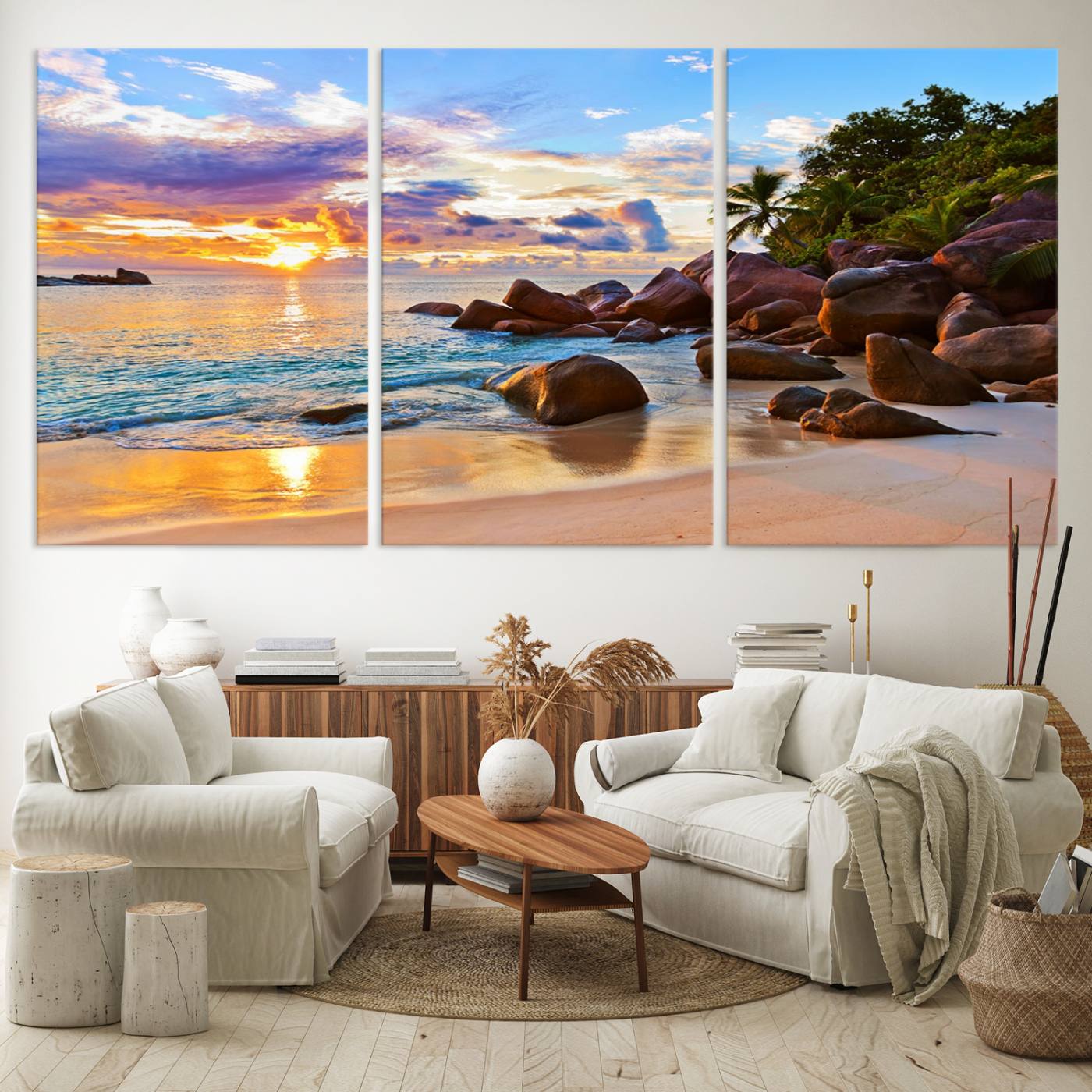 -Tropical Beach Sunset Canvas Print, Ocean Waves and Rocky Shoreline Wall Art, Coastal Decor for