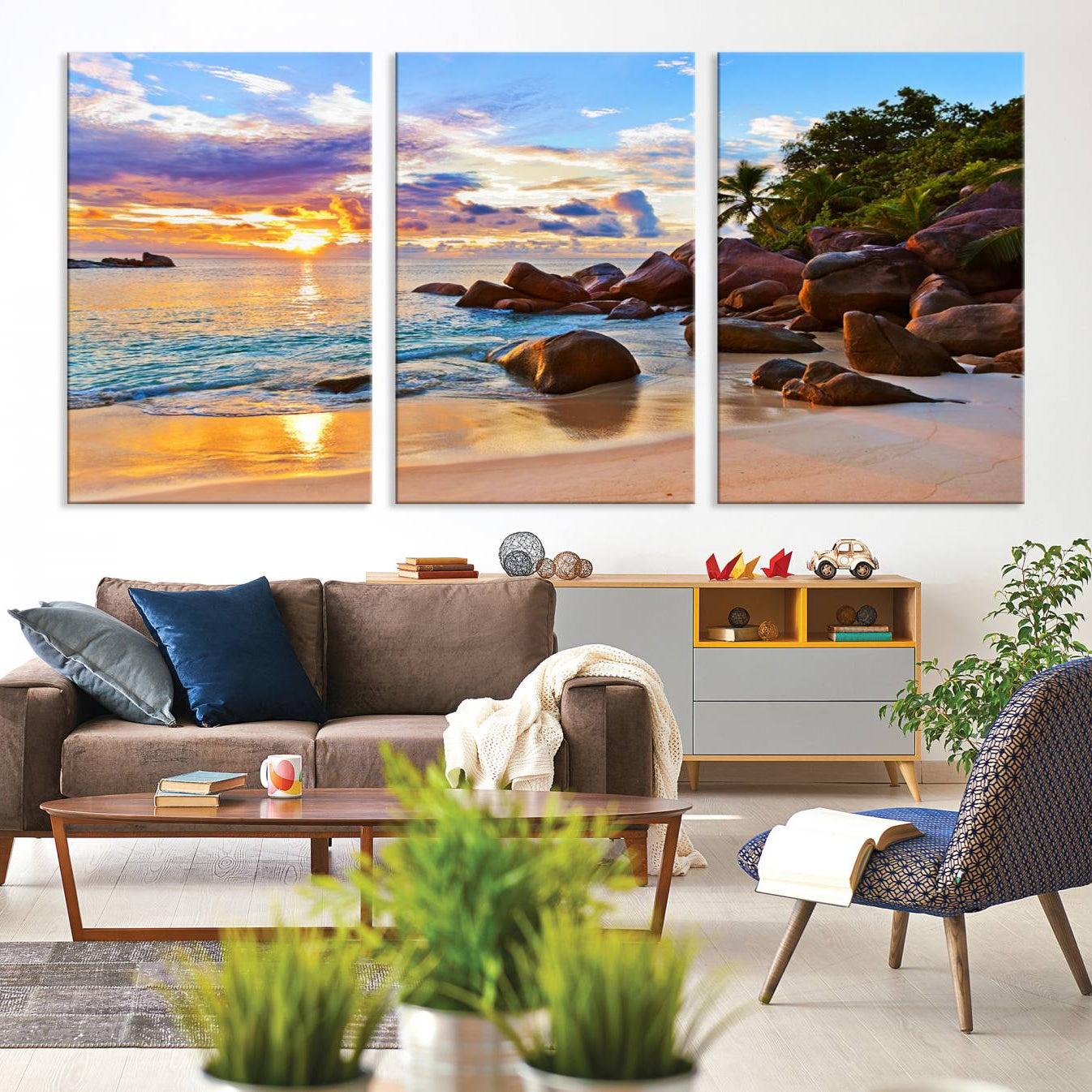-Tropical Beach Sunset Canvas Print, Ocean Waves and Rocky Shoreline Wall Art, Coastal Decor for