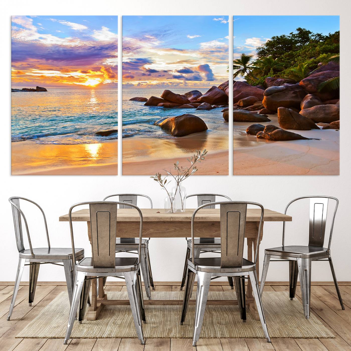 -Tropical Beach Sunset Canvas Print, Ocean Waves and Rocky Shoreline Wall Art, Coastal Decor for