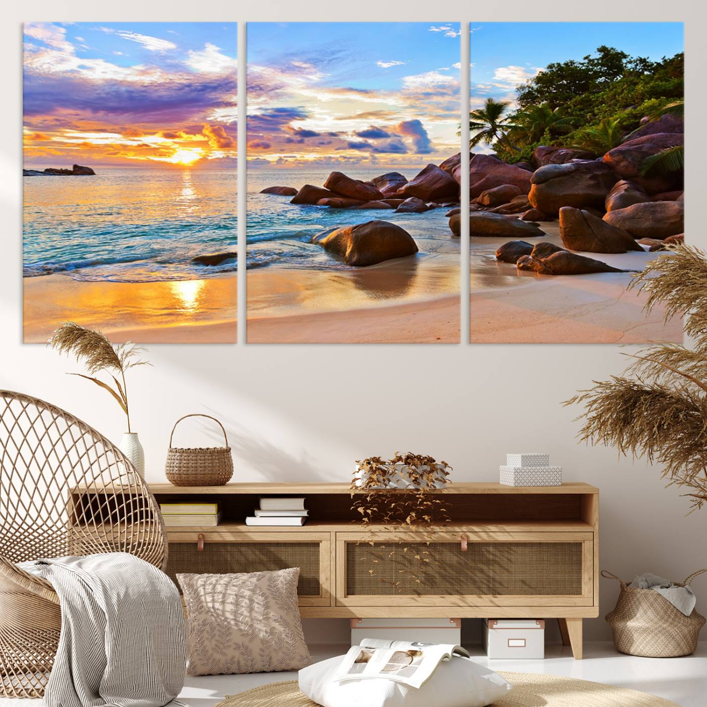 -Tropical Beach Sunset Canvas Print, Ocean Waves and Rocky Shoreline Wall Art, Coastal Decor for