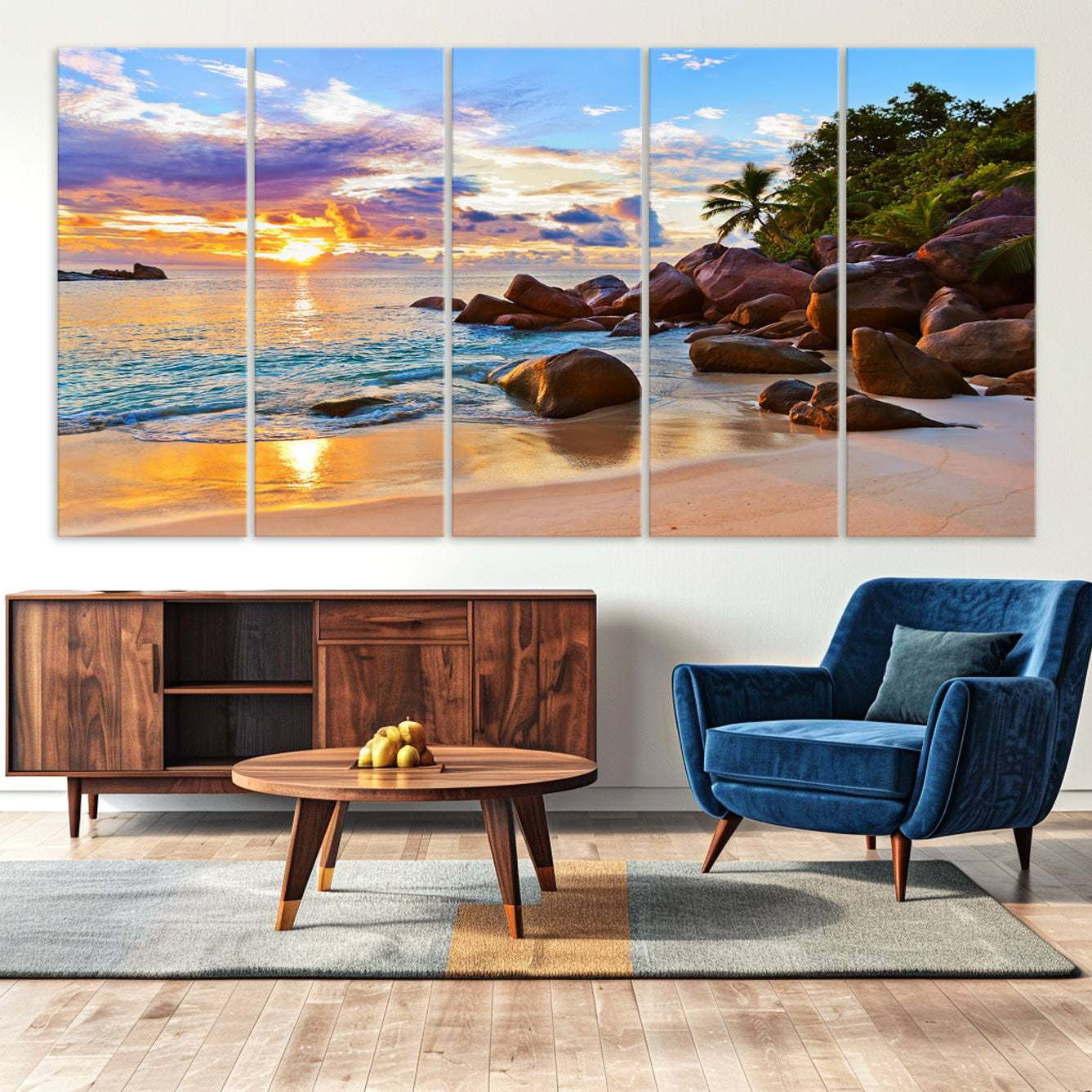 -Tropical Beach Sunset Canvas Print, Ocean Waves and Rocky Shoreline Wall Art, Coastal Decor for