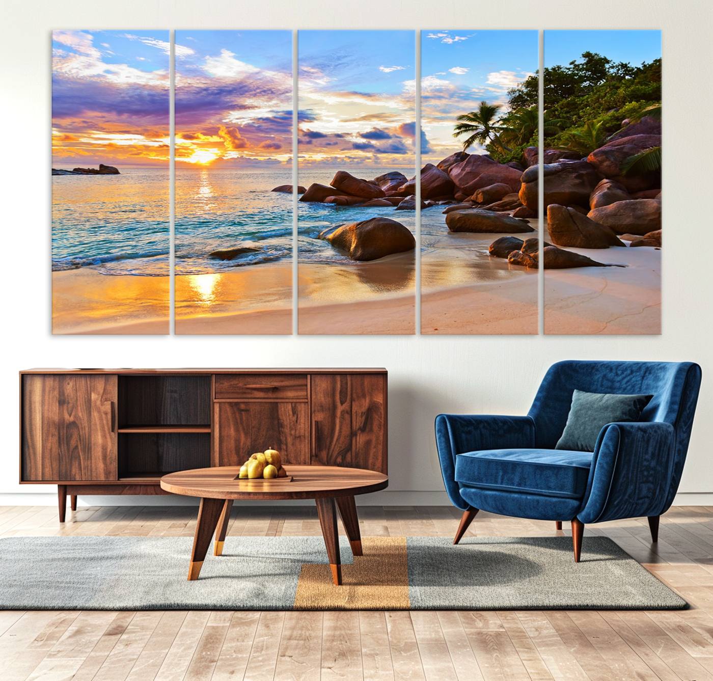 43209-MGV-CV-36X24-Tropical Beach Sunset Canvas Print, Ocean Waves and Rocky Shoreline Wall Art, Coastal Decor for