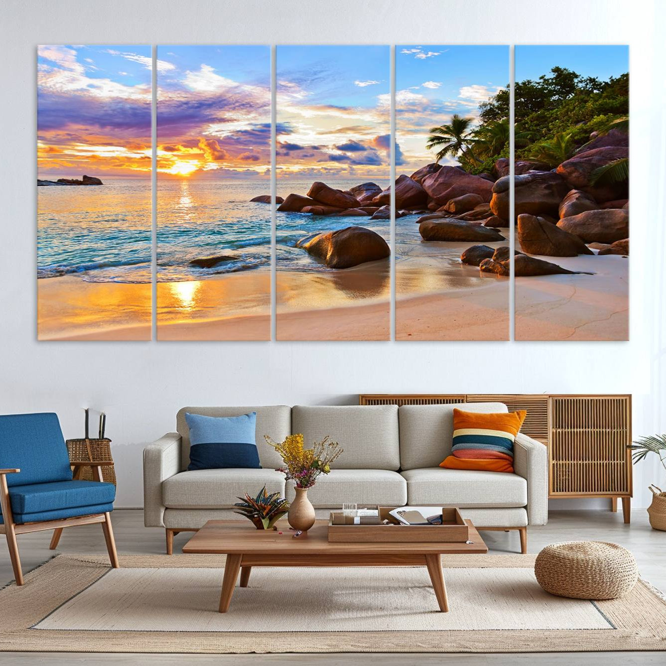 -Tropical Beach Sunset Canvas Print, Ocean Waves and Rocky Shoreline Wall Art, Coastal Decor for