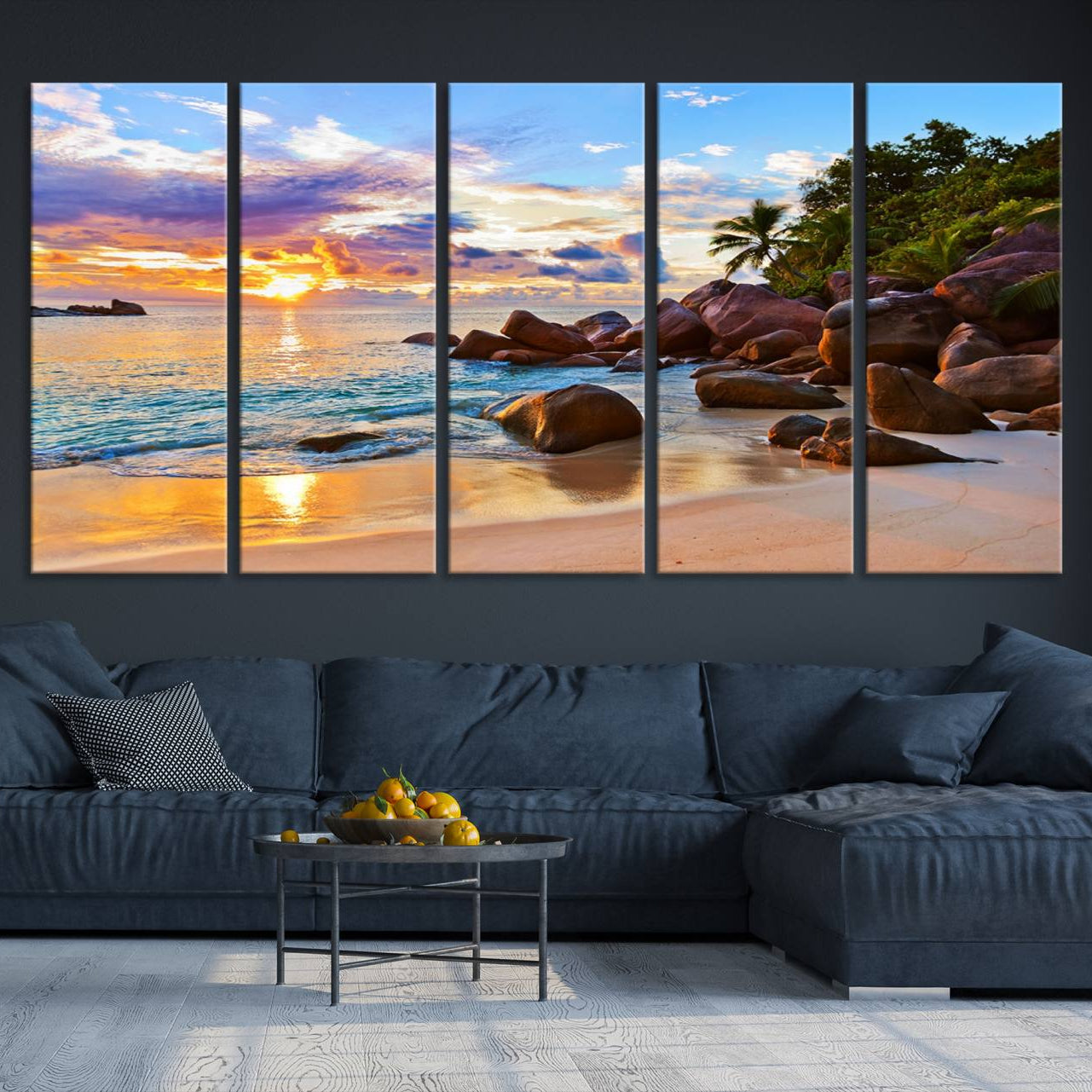 -Tropical Beach Sunset Canvas Print, Ocean Waves and Rocky Shoreline Wall Art, Coastal Decor for
