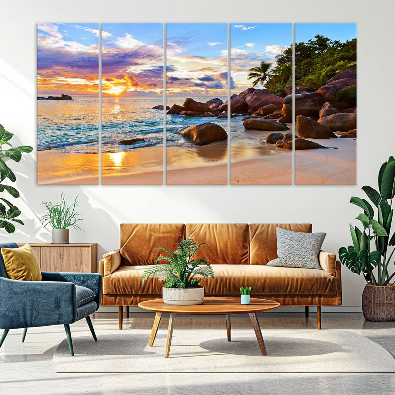 -Tropical Beach Sunset Canvas Print, Ocean Waves and Rocky Shoreline Wall Art, Coastal Decor for