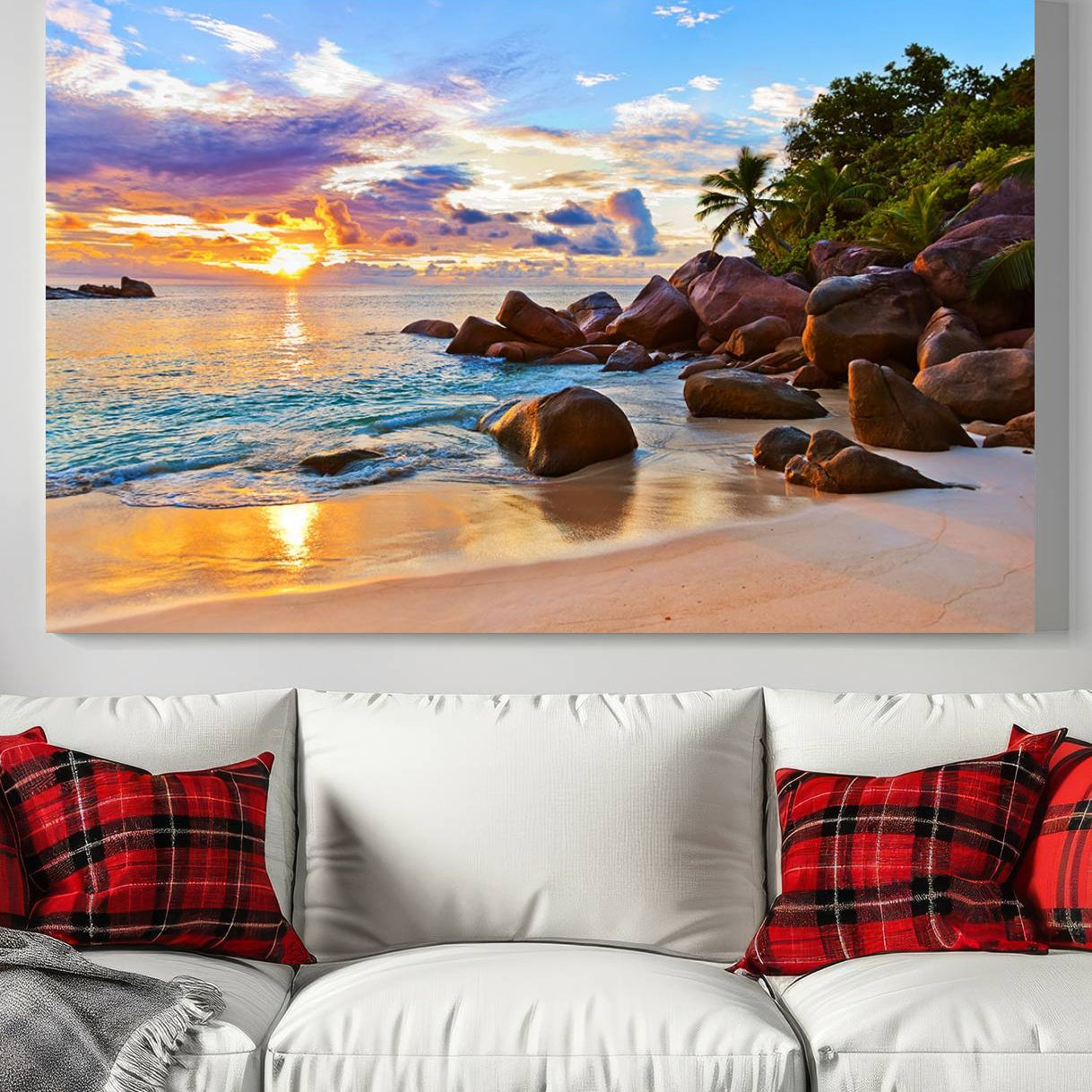 -Tropical Beach Sunset Canvas Print, Ocean Waves and Rocky Shoreline Wall Art, Coastal Decor for