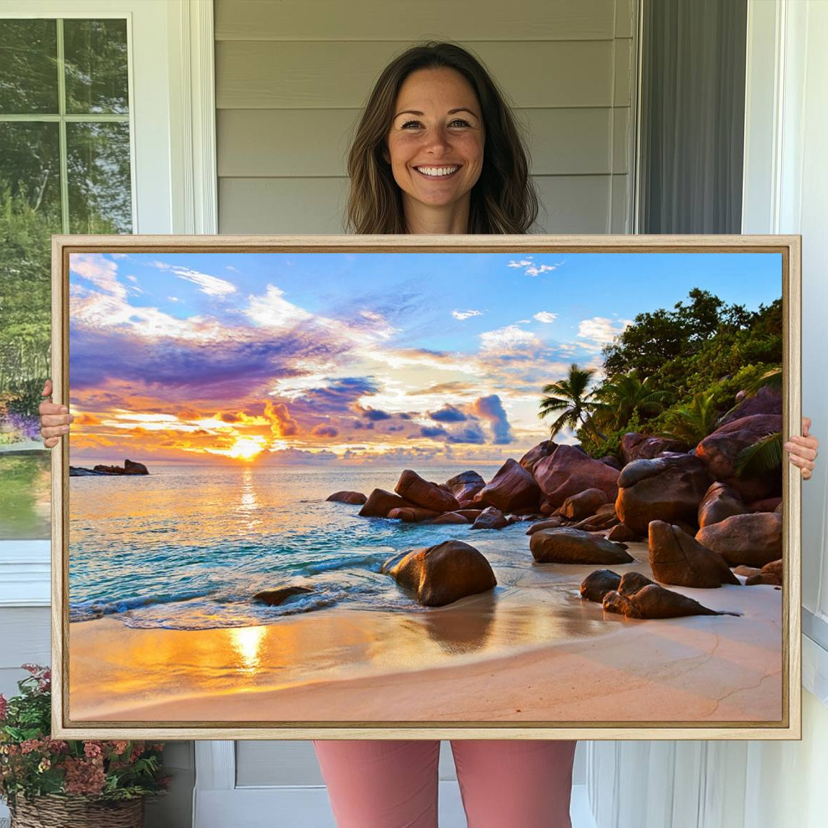 -Tropical Beach Sunset Canvas Print, Ocean Waves and Rocky Shoreline Wall Art, Coastal Decor for