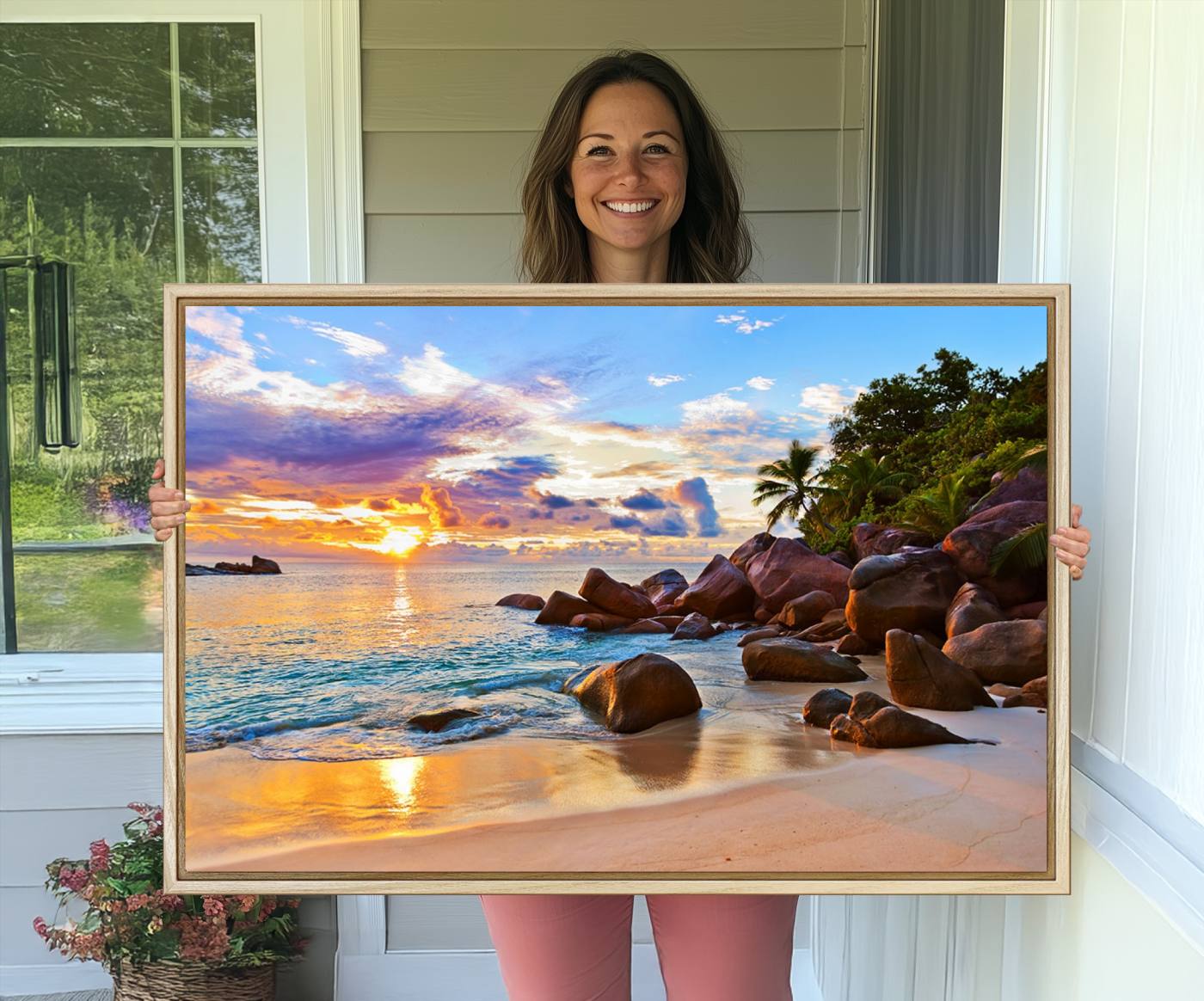 43209-MGV-CV-36X24-Tropical Beach Sunset Canvas Print, Ocean Waves and Rocky Shoreline Wall Art, Coastal Decor for