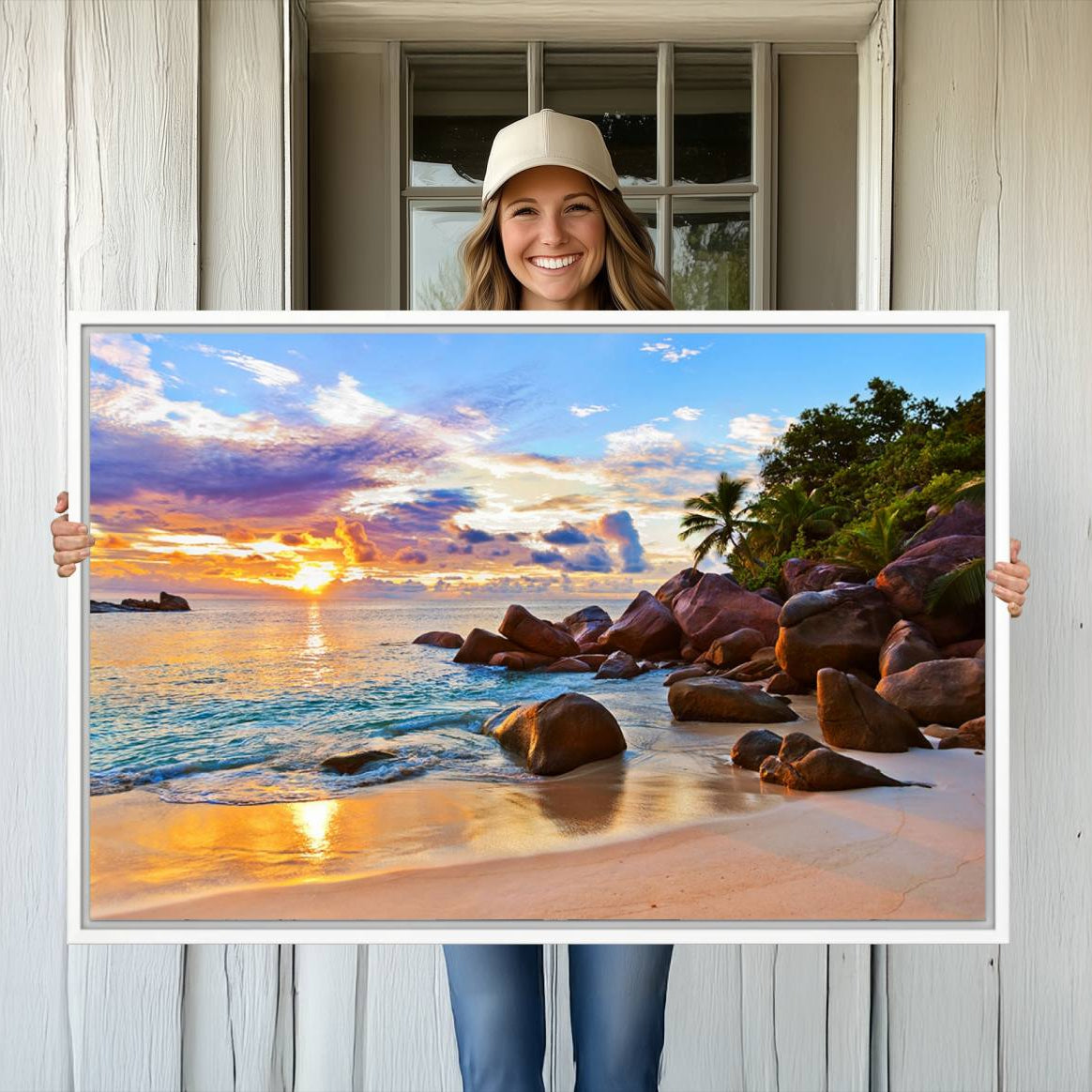 -Tropical Beach Sunset Canvas Print, Ocean Waves and Rocky Shoreline Wall Art, Coastal Decor for