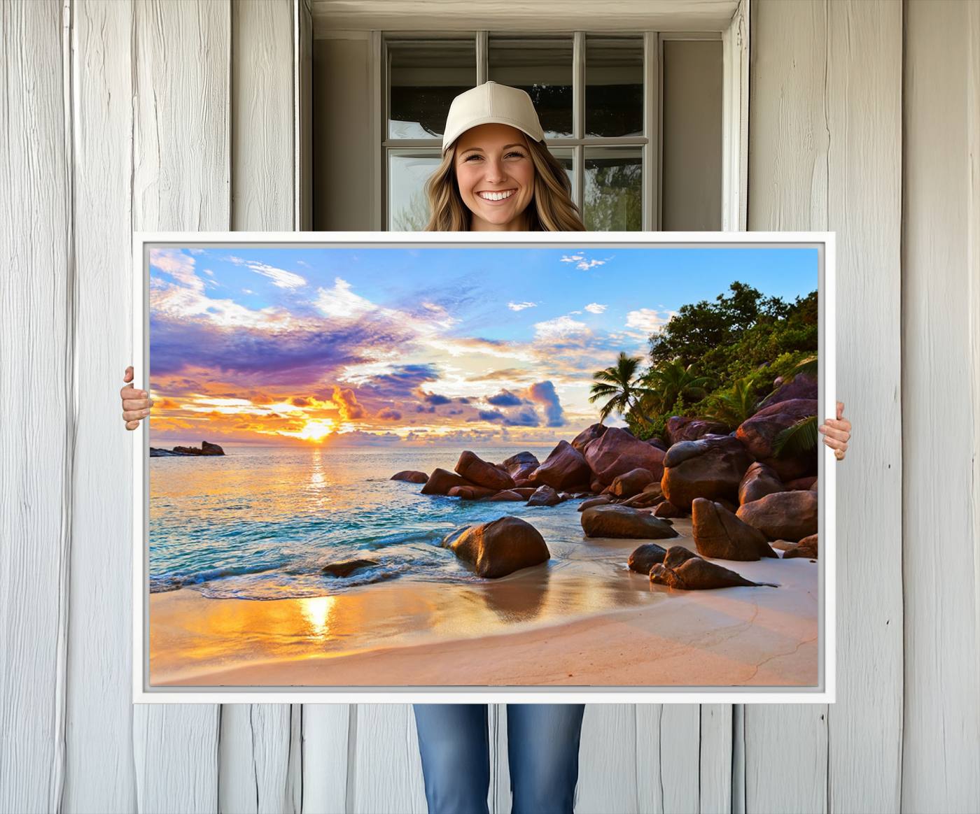 43209-MGV-CV-36X24-Tropical Beach Sunset Canvas Print, Ocean Waves and Rocky Shoreline Wall Art, Coastal Decor for