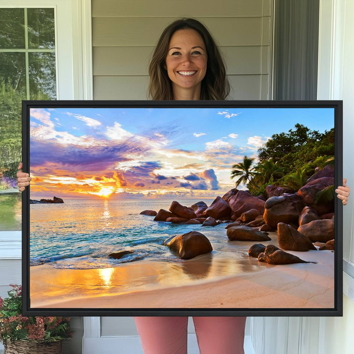 -Tropical Beach Sunset Canvas Print, Ocean Waves and Rocky Shoreline Wall Art, Coastal Decor for
