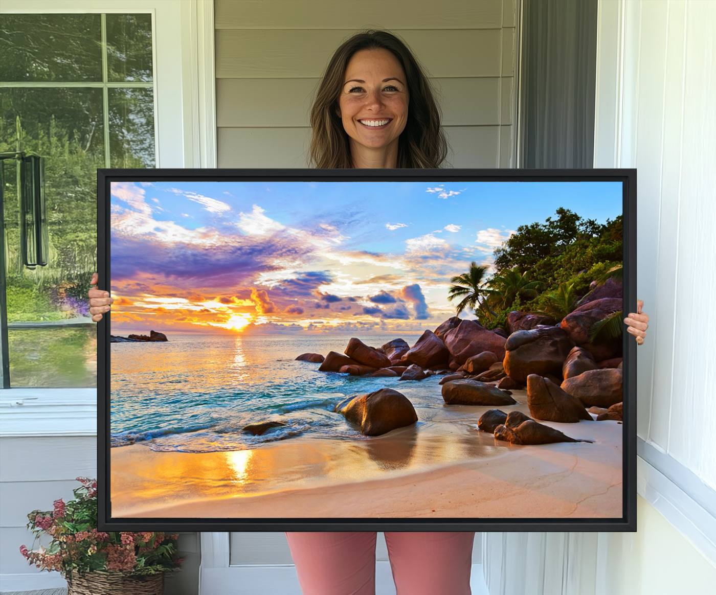 43209-MGV-CV-36X24-Tropical Beach Sunset Canvas Print, Ocean Waves and Rocky Shoreline Wall Art, Coastal Decor for