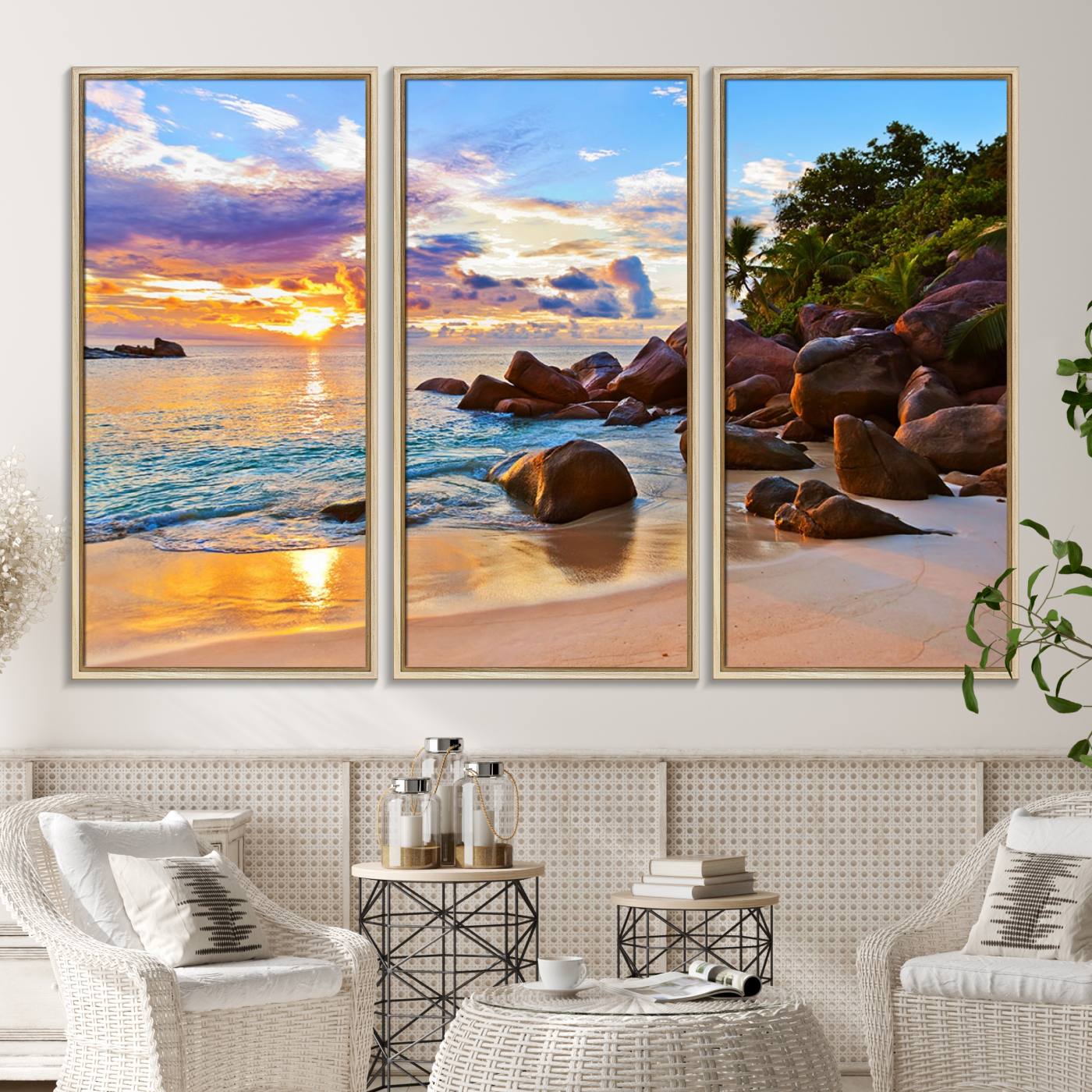 -Tropical Beach Sunset Canvas Print, Ocean Waves and Rocky Shoreline Wall Art, Coastal Decor for