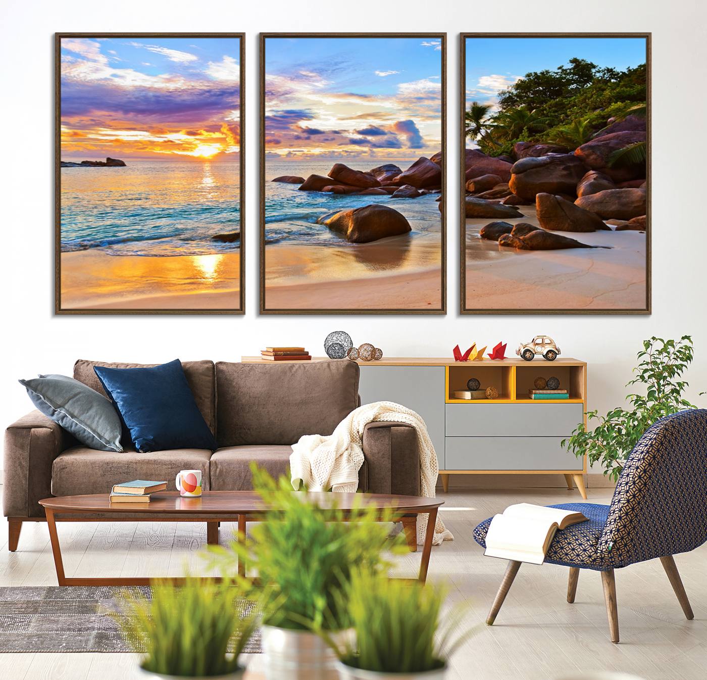 43209-MGV-CV-36X24-Tropical Beach Sunset Canvas Print, Ocean Waves and Rocky Shoreline Wall Art, Coastal Decor for