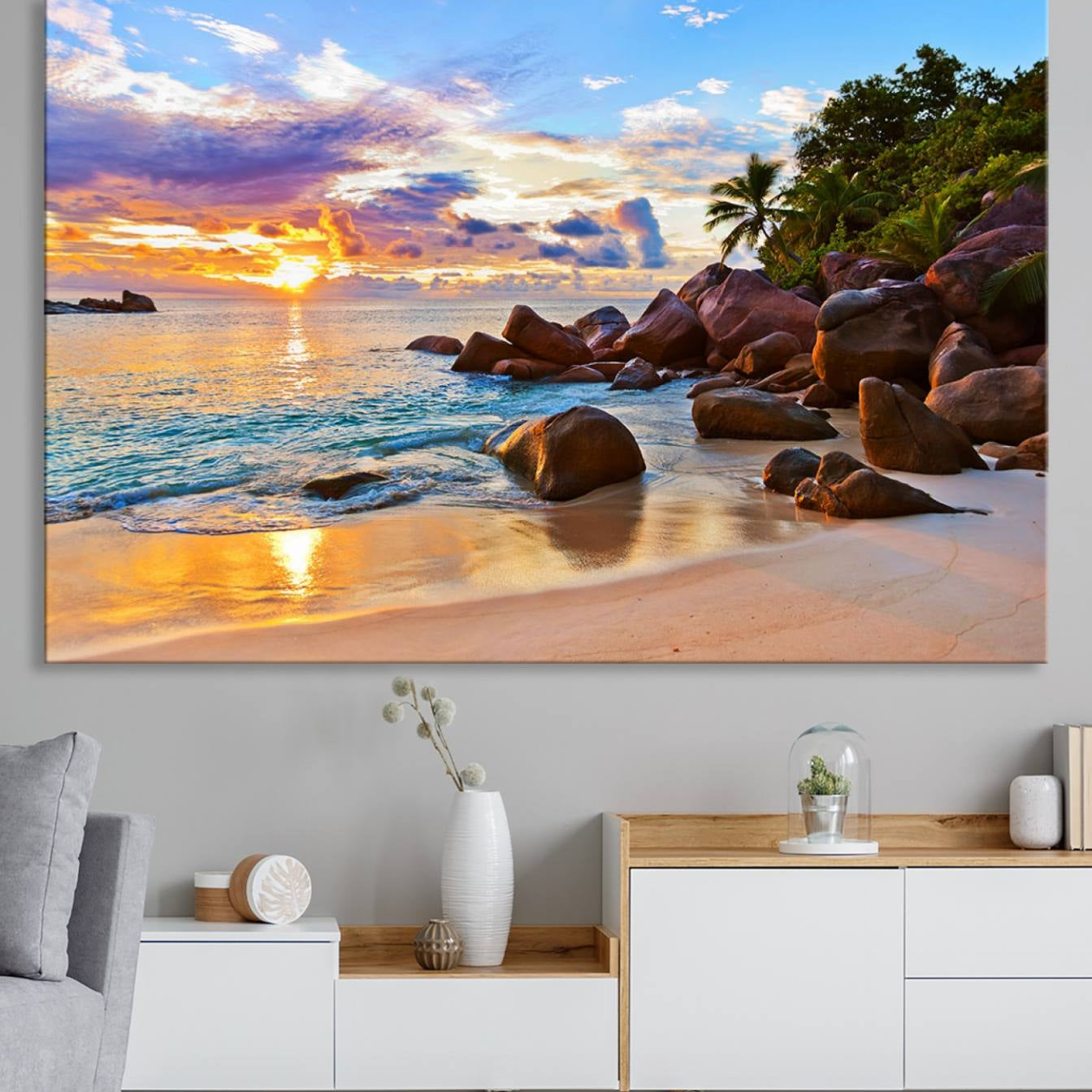 -Tropical Beach Sunset Canvas Print, Ocean Waves and Rocky Shoreline Wall Art, Coastal Decor for