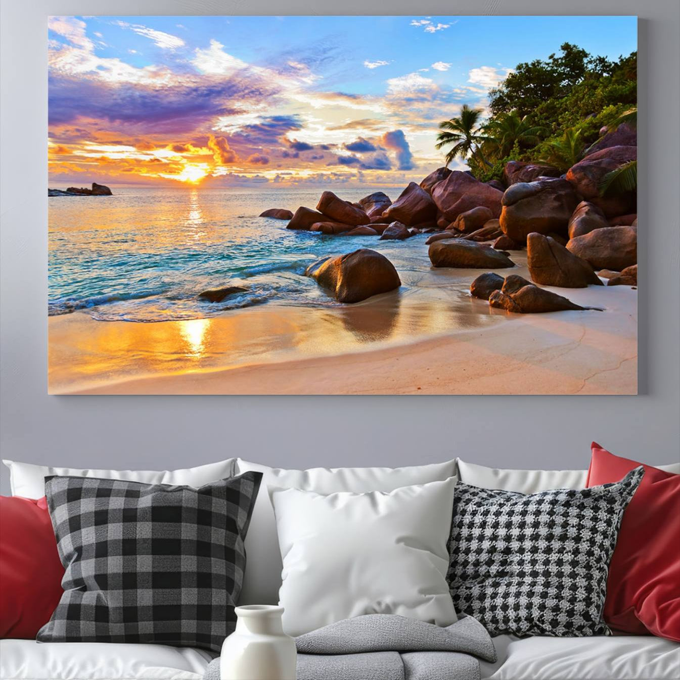 -Tropical Beach Sunset Canvas Print, Ocean Waves and Rocky Shoreline Wall Art, Coastal Decor for