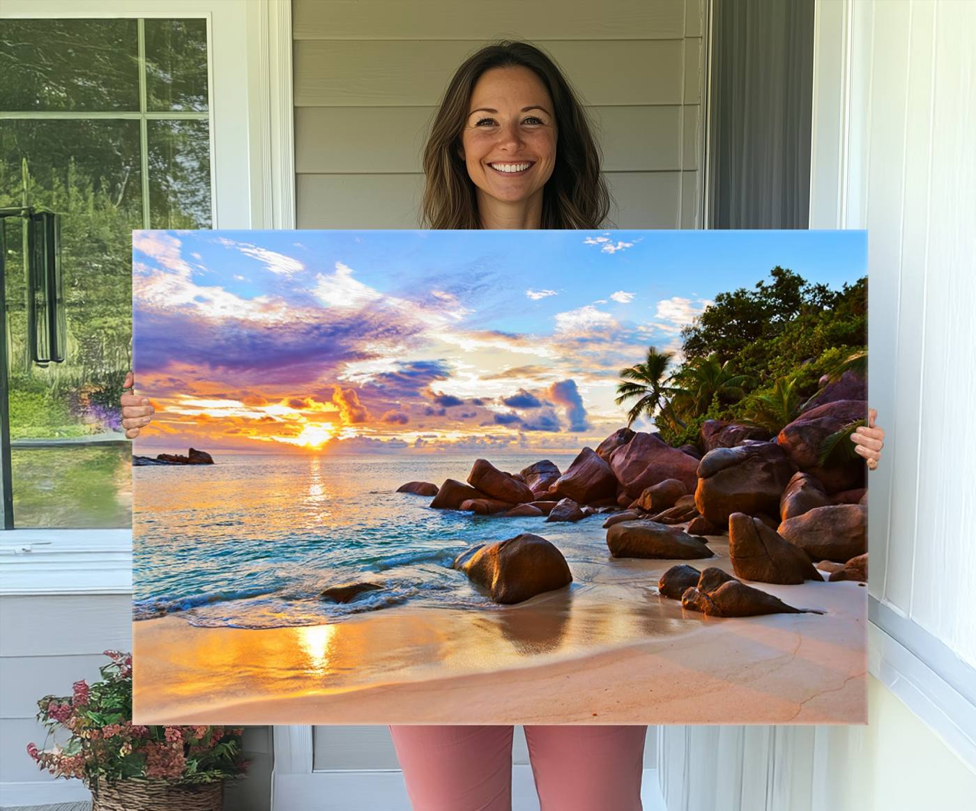 43209-MGV-CV-36X24-Tropical Beach Sunset Canvas Print, Ocean Waves and Rocky Shoreline Wall Art, Coastal Decor for