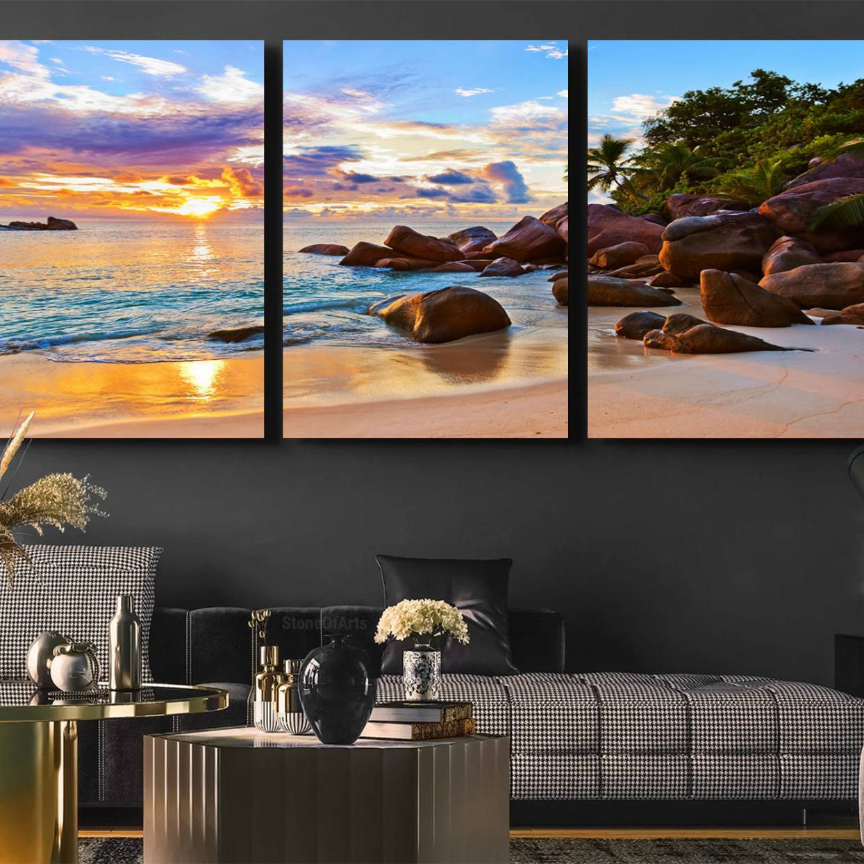43209-MGV-CV-60X30-3P-Tropical Beach Sunset Canvas Print, Ocean Waves and Rocky Shoreline Wall Art, Coastal Decor for